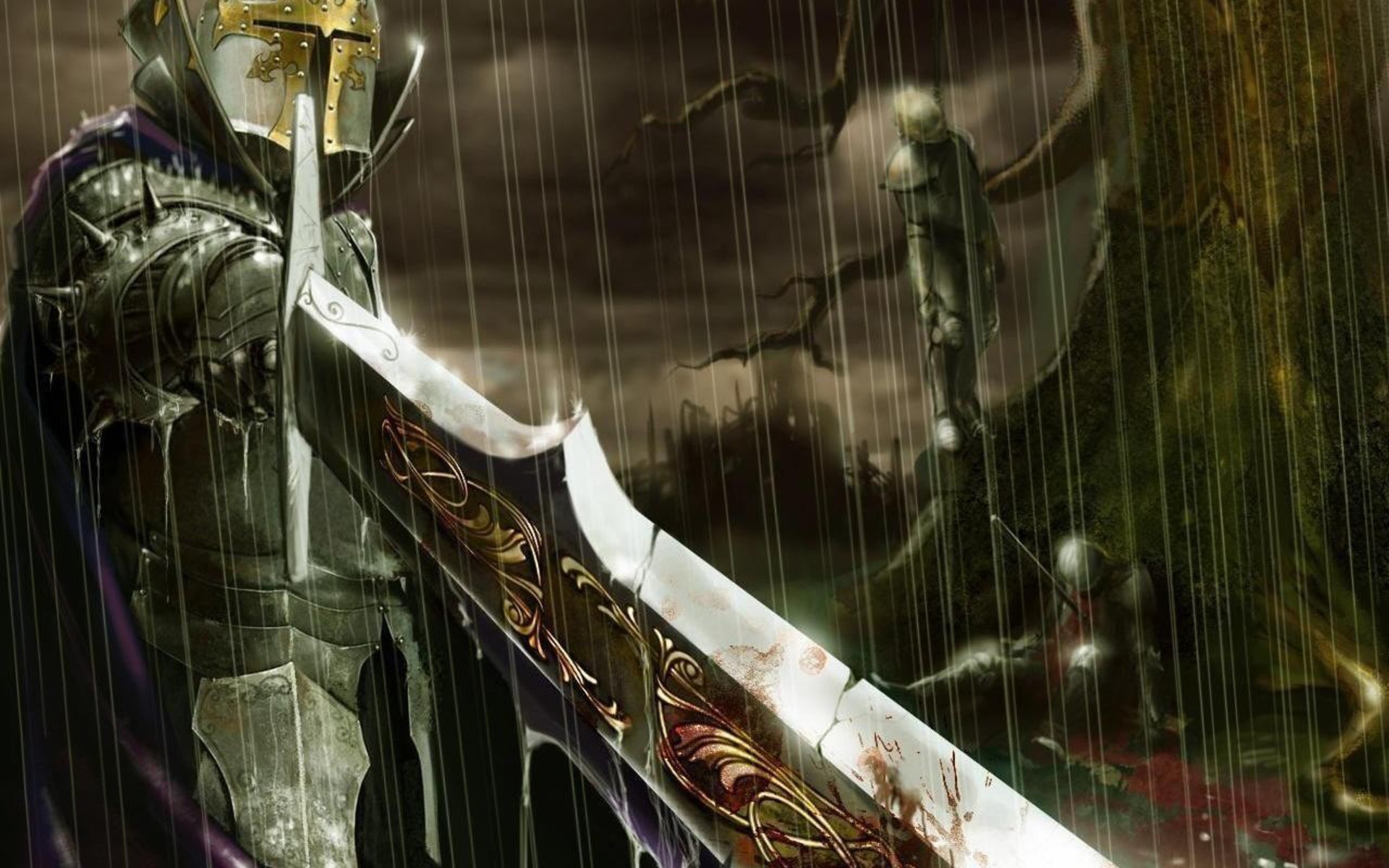 rain, knights, swords - desktop wallpaper