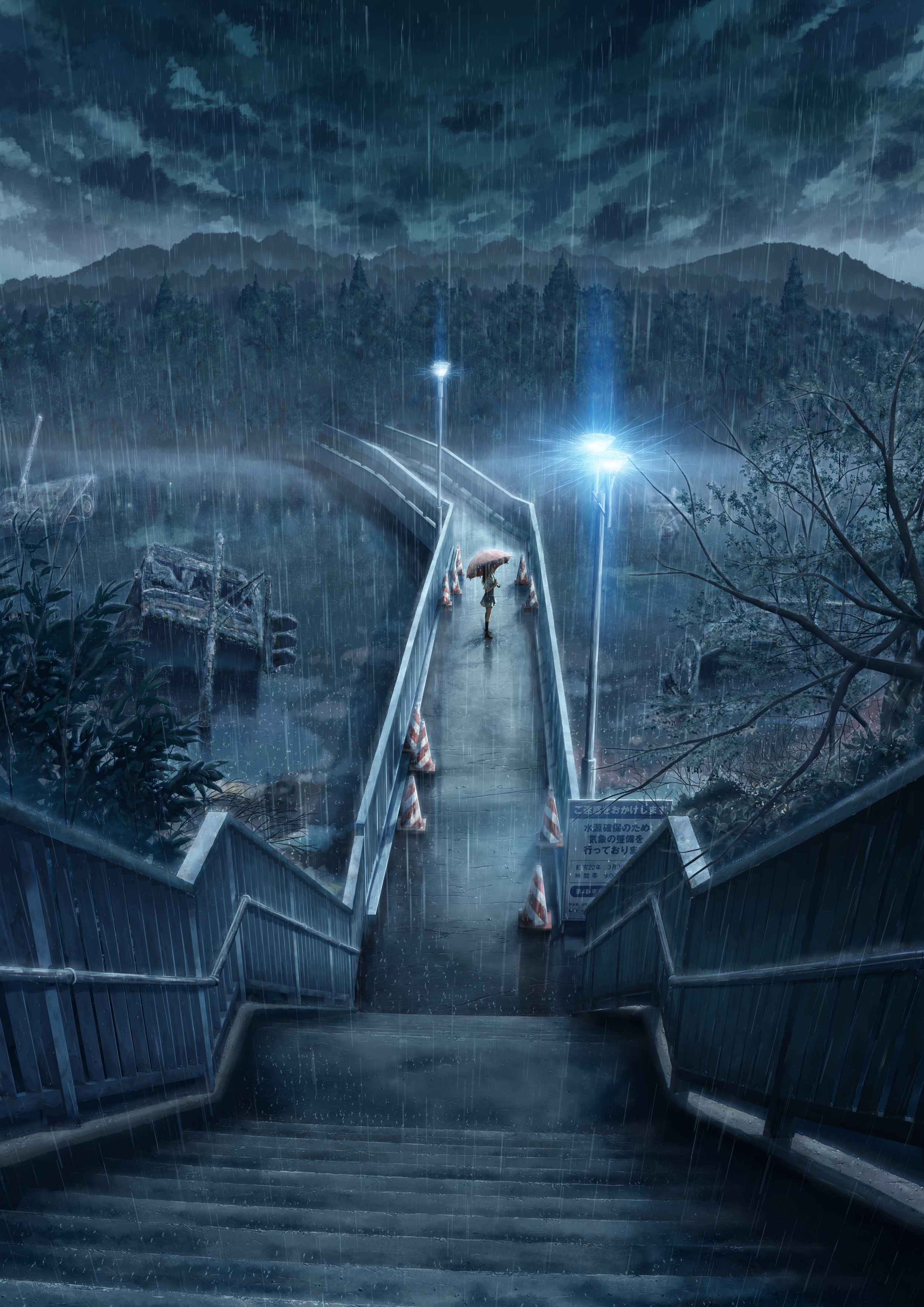 rain, bridges, lonely, scenic, anime, umbrellas - desktop wallpaper