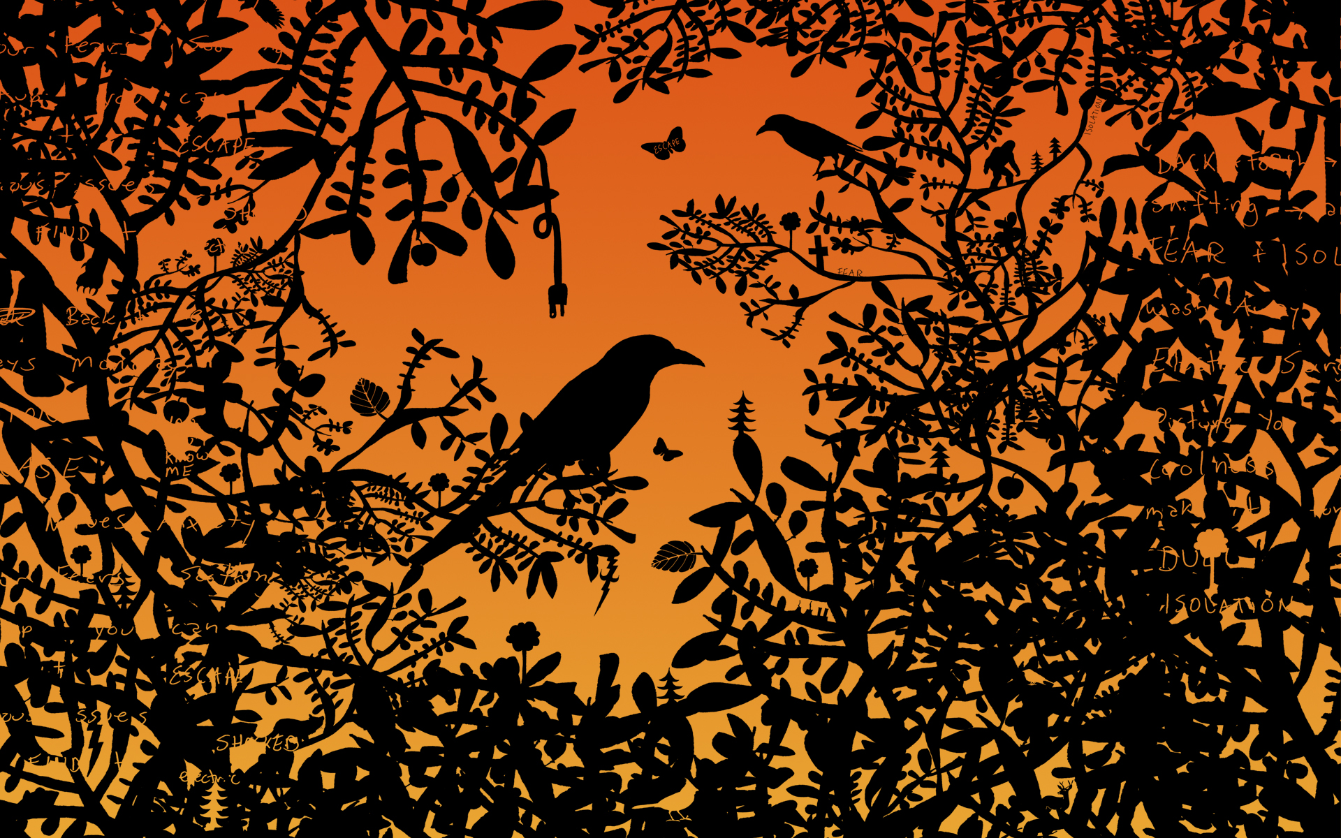 silhouettes, ravens, branches - desktop wallpaper