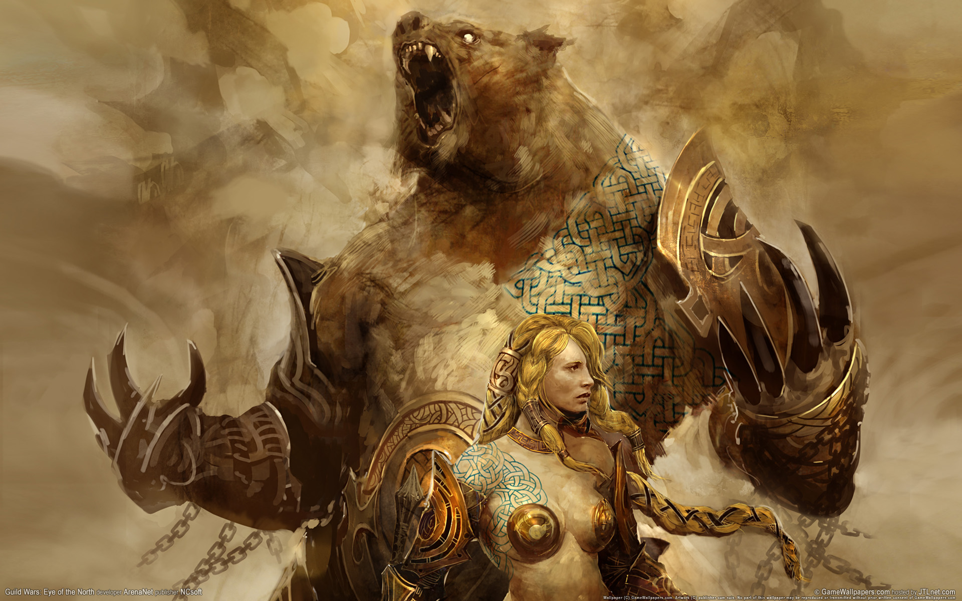 blondes, women, video games, Guild Wars, artwork, warriors, bears, chains - desktop wallpaper