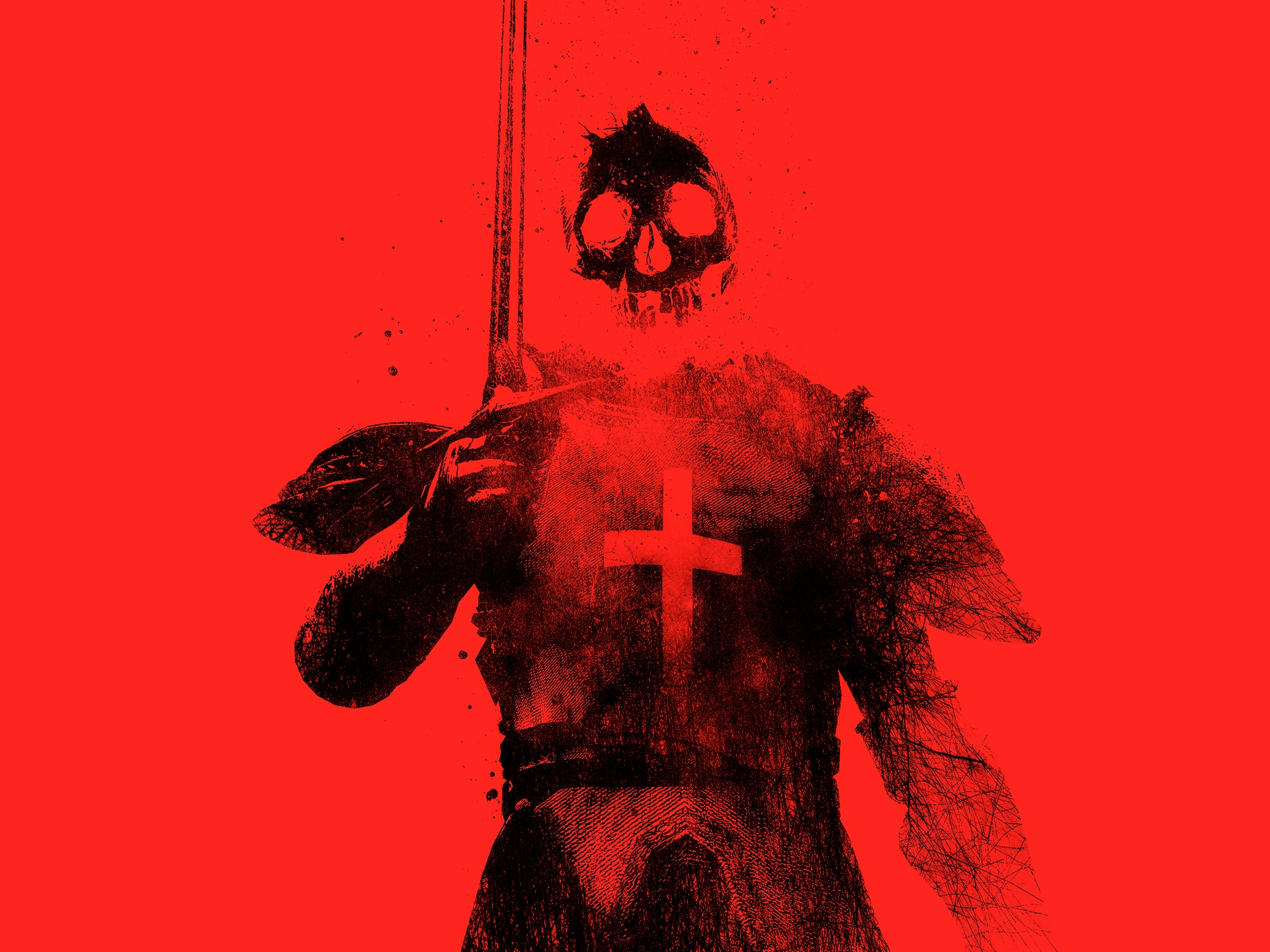 skulls, red, Templars, monochrome, red background, Alex Cherry - desktop wallpaper