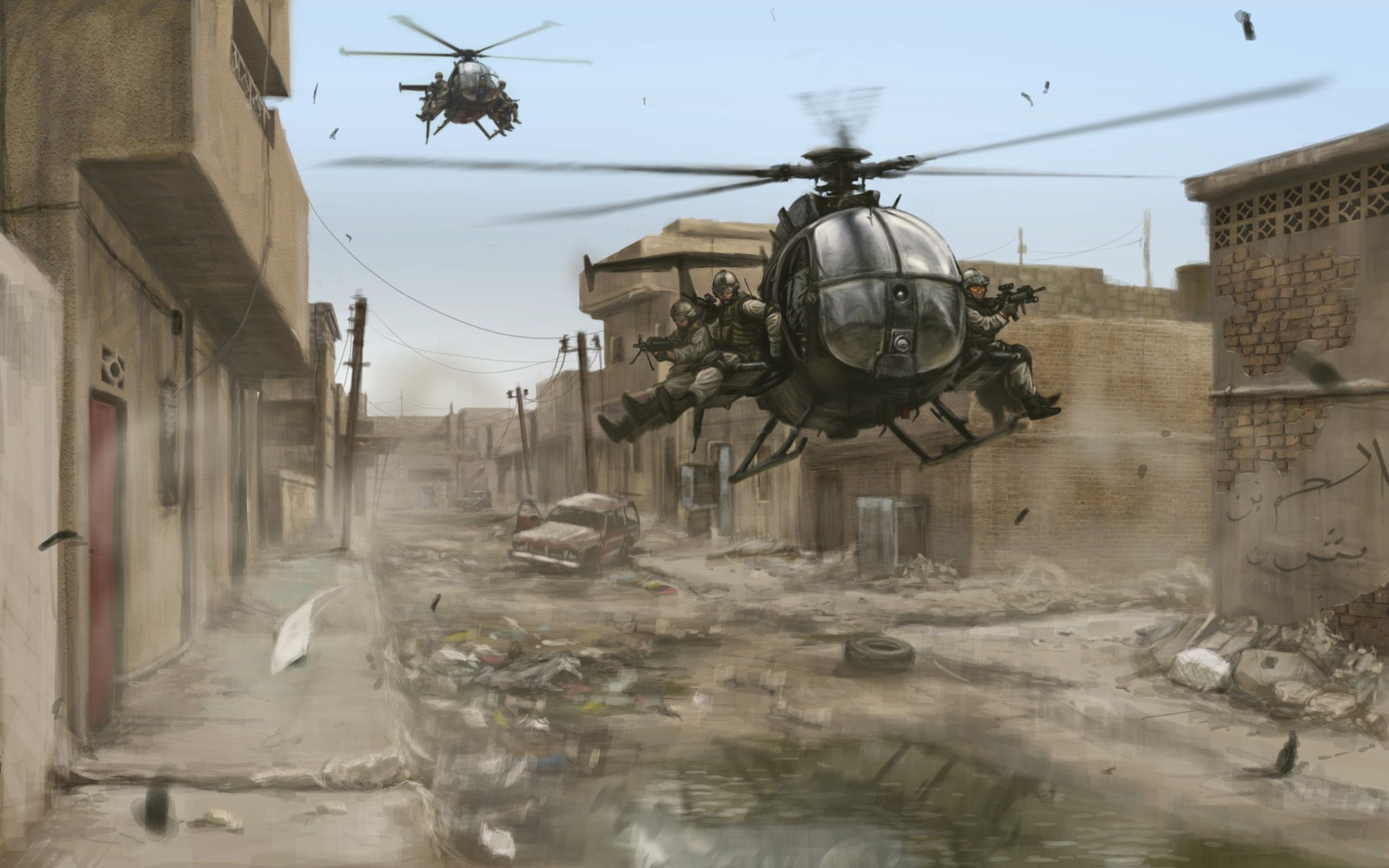 soldiers, cityscapes, military, helicopters, buildings, artwork, Black Hawk Down, vehicles, delta force - desktop wallpaper