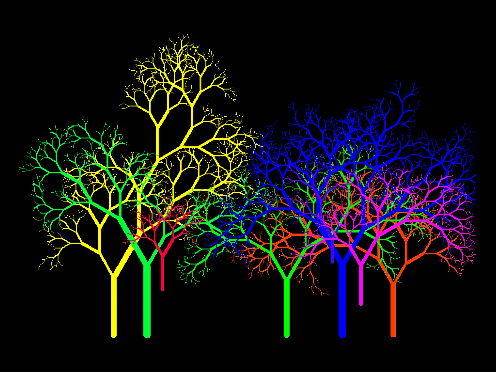 trees, fractals, acid, colors - desktop wallpaper