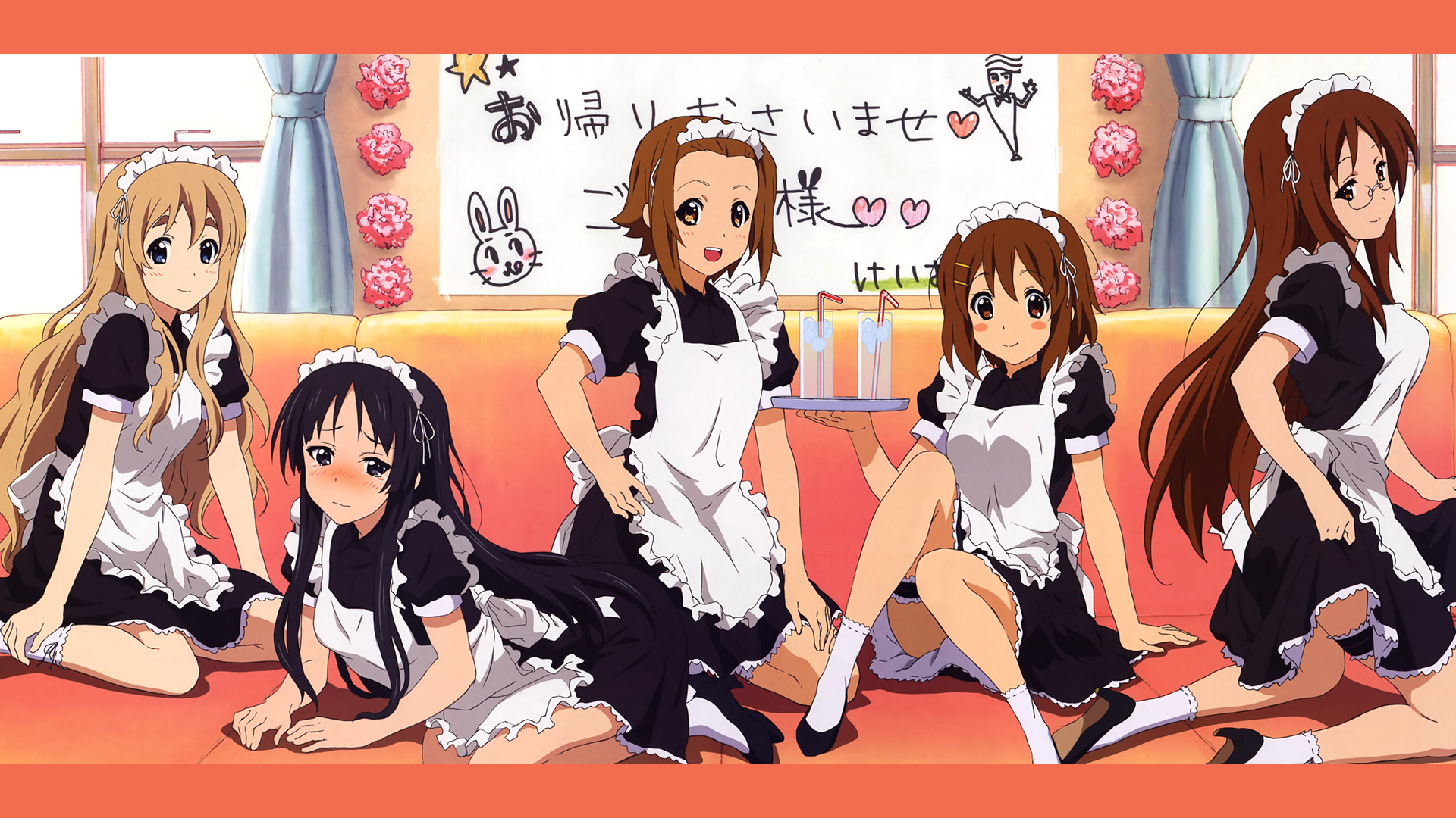 K-ON!, maids, Hirasawa Yui, Akiyama Mio, Tainaka Ritsu, Kotobuki Tsumugi, blush, Cafe - desktop wallpaper