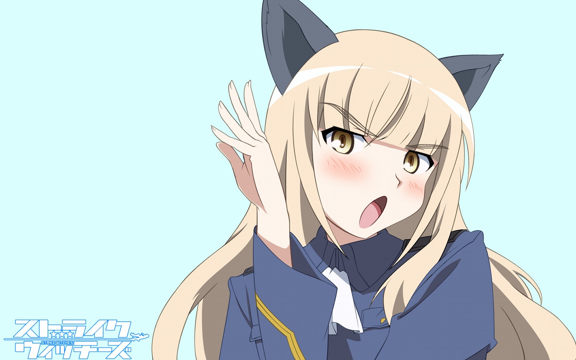 blondes, Strike Witches, uniforms, army, military, text, long hair, nekomimi, animal ears, yellow eyes, blush, open mouth, Perrine H. Clostermann, simple background, anime girls, blue background - desktop wallpaper