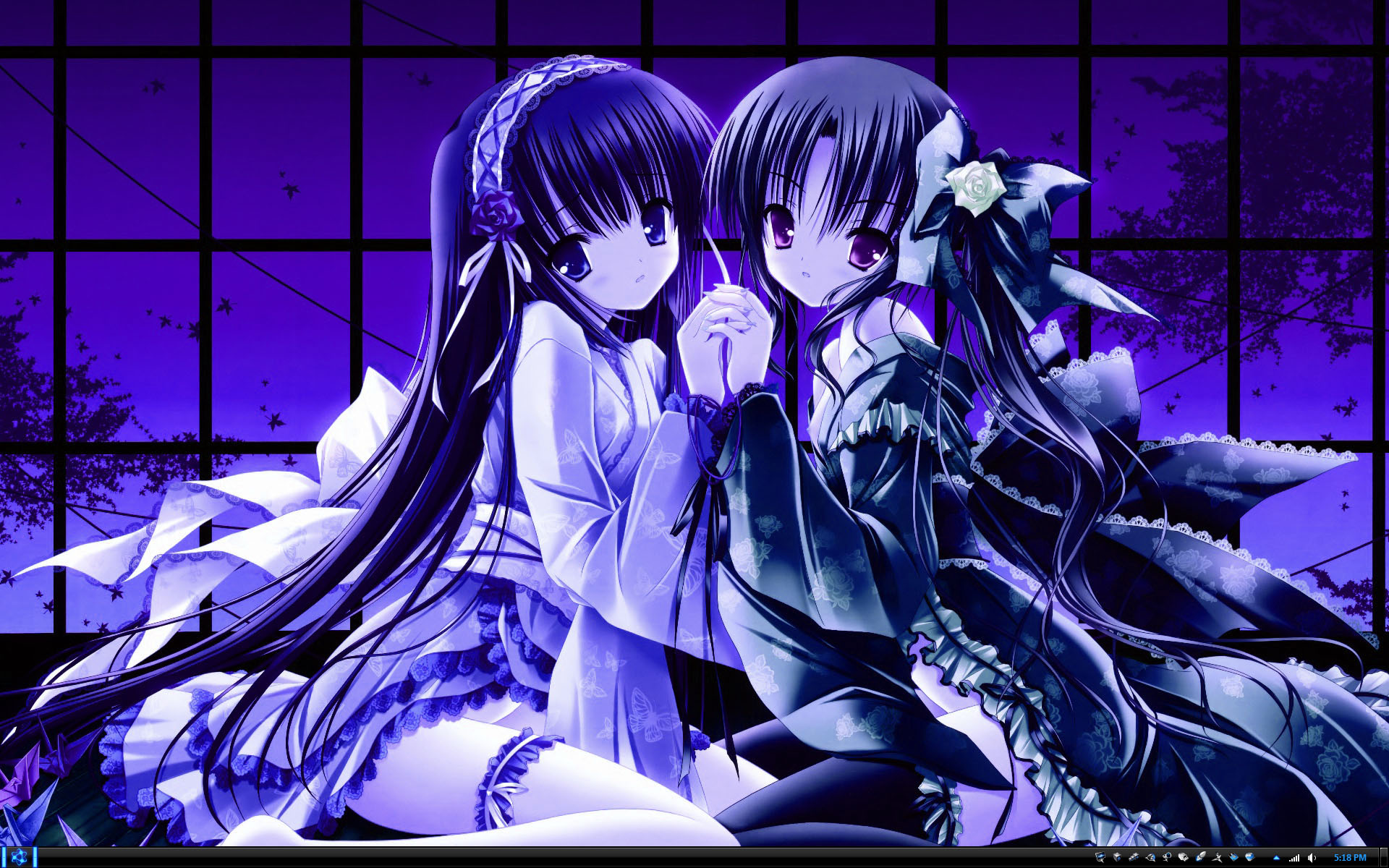 dress, ribbons, blue hair, tights, anime, purple eyes, holding hands, Tinkle Illustrations, anime girls - desktop wallpaper