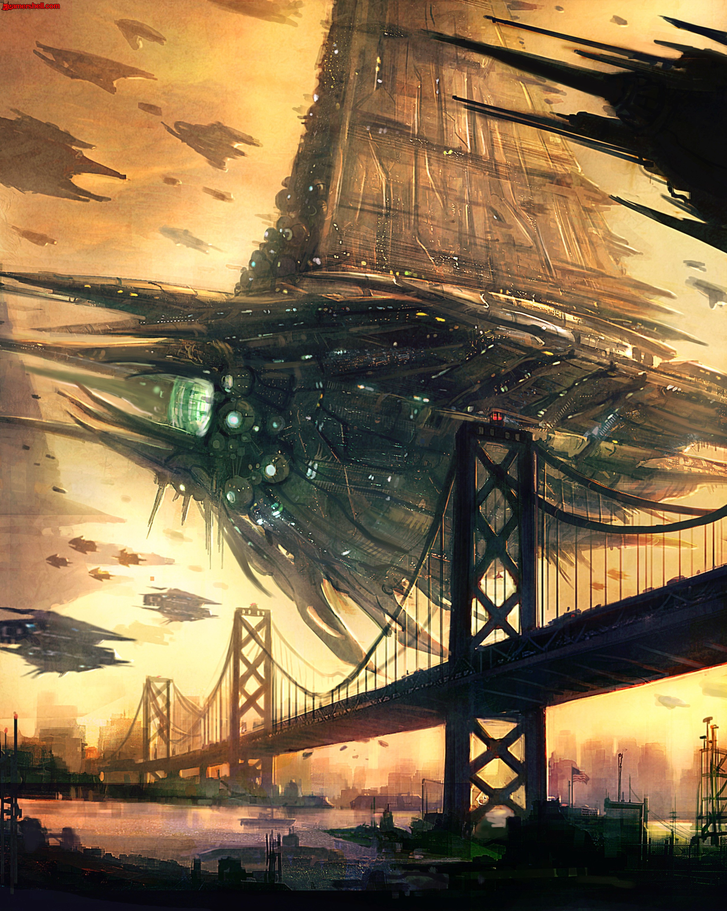 resistance, Invasion, futuristic, bridges, spaceships, artwork, vehicles - desktop wallpaper