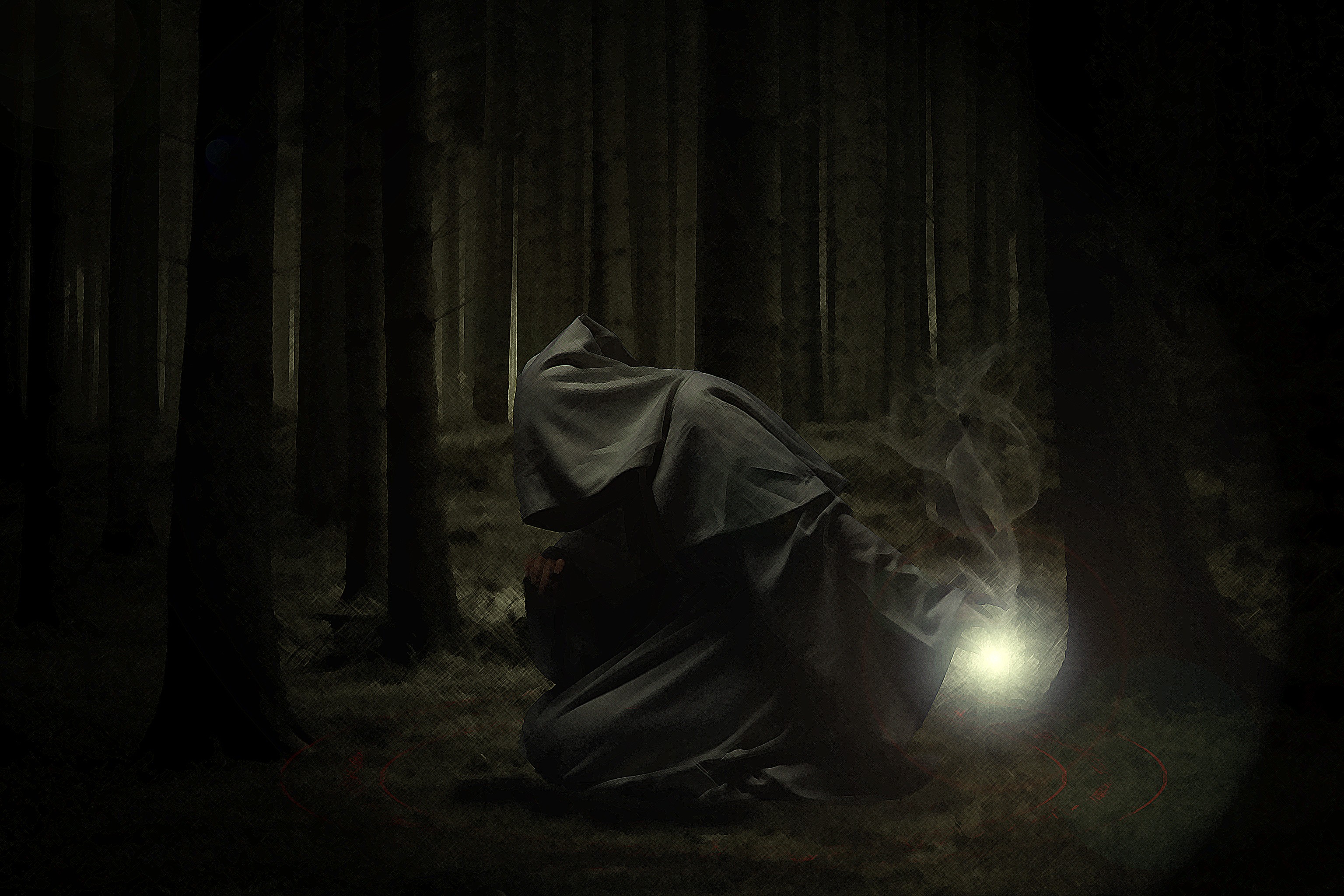 Тьма пелена. Монах в капюшоне. Темный монах. Мрачный Странник. Человек в капюшоне в лесу.