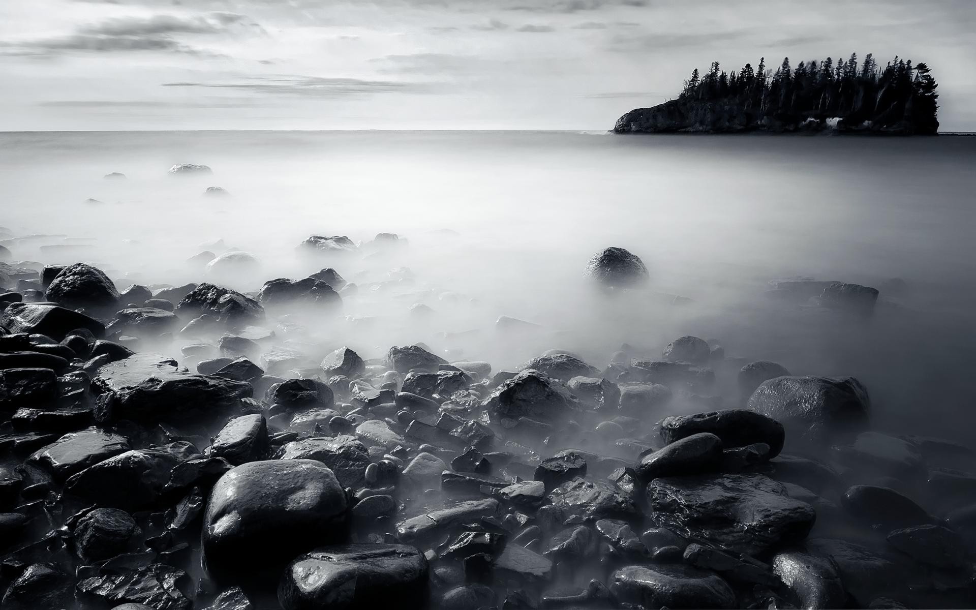 black and white, clouds, nature, long exposure, lakes, Lake Superior - desktop wallpaper