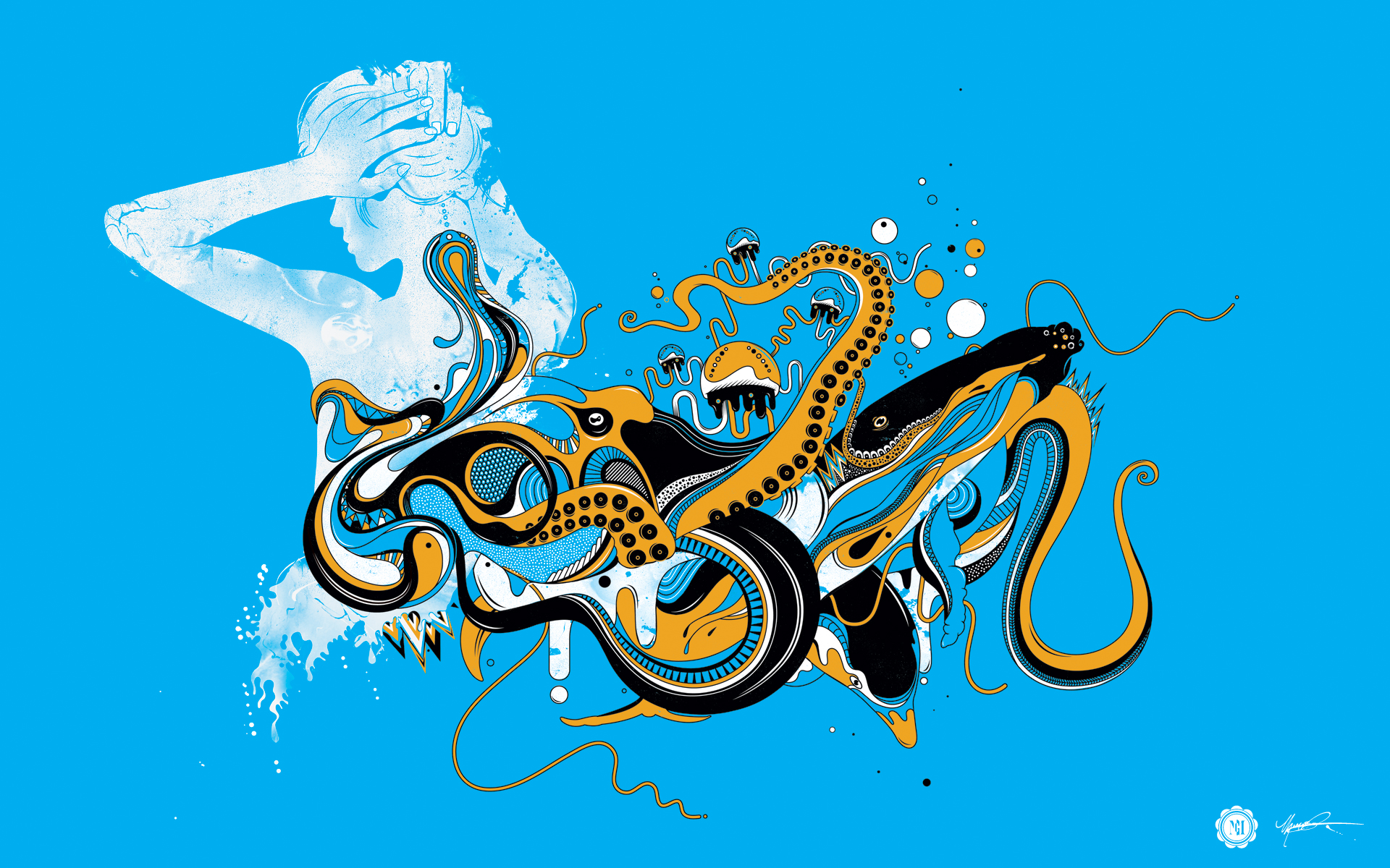 women, abstract, ocean, octopuses, jellyfish, dolphins - desktop wallpaper