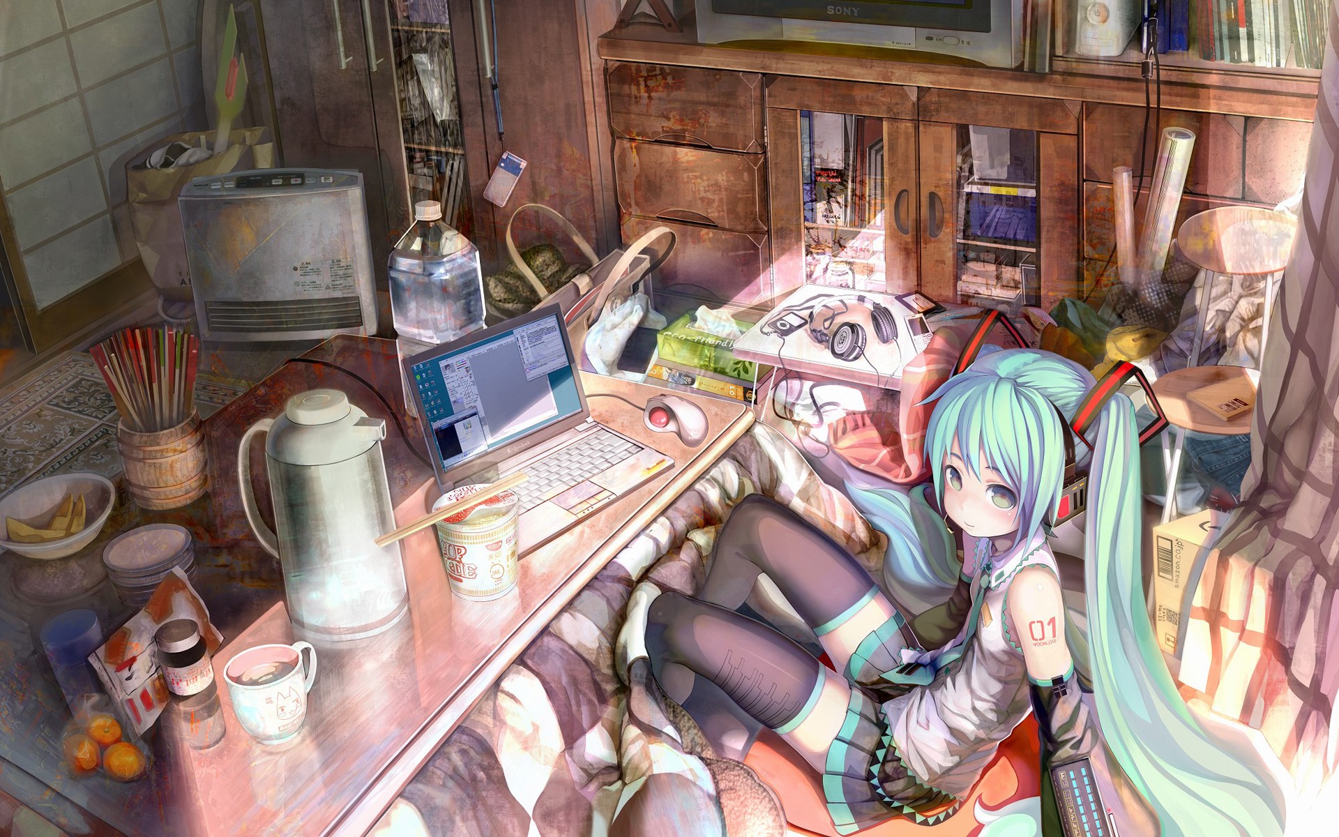 headphones, Vocaloid, Hatsune Miku, blue hair, laptops, detached sleeves - desktop wallpaper