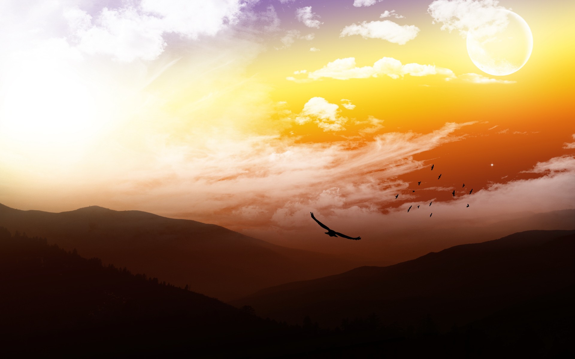mountains, clouds, landscapes, Sun, birds, skyscapes - desktop wallpaper