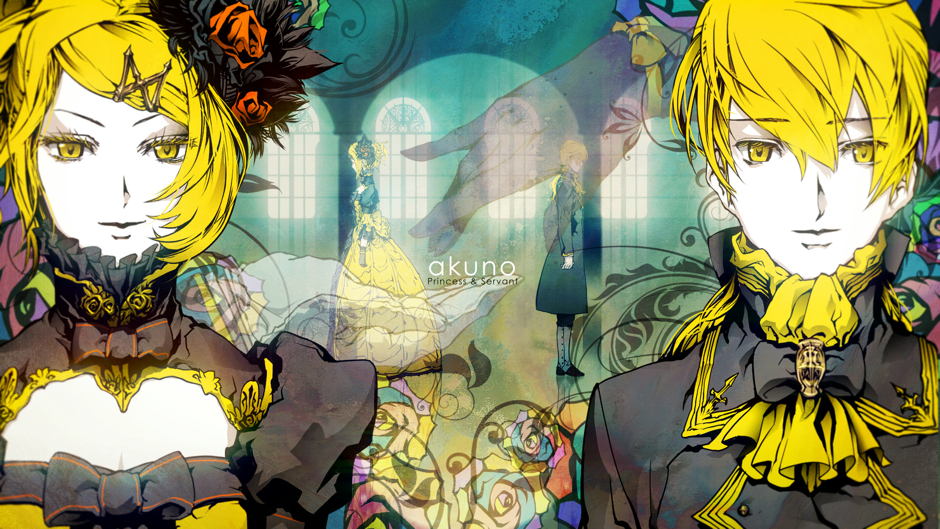blondes, Vocaloid, dress, flowers, cleavage, twins, Kagamine Rin, Kagamine Len, short hair, yellow eyes, bows, medieval, anime boys, yellow dress, roses, anime girls, faces, siblings, stained glass, hair ornaments, Daughter Of Evil, hair pins, flower in h - desktop wallpaper