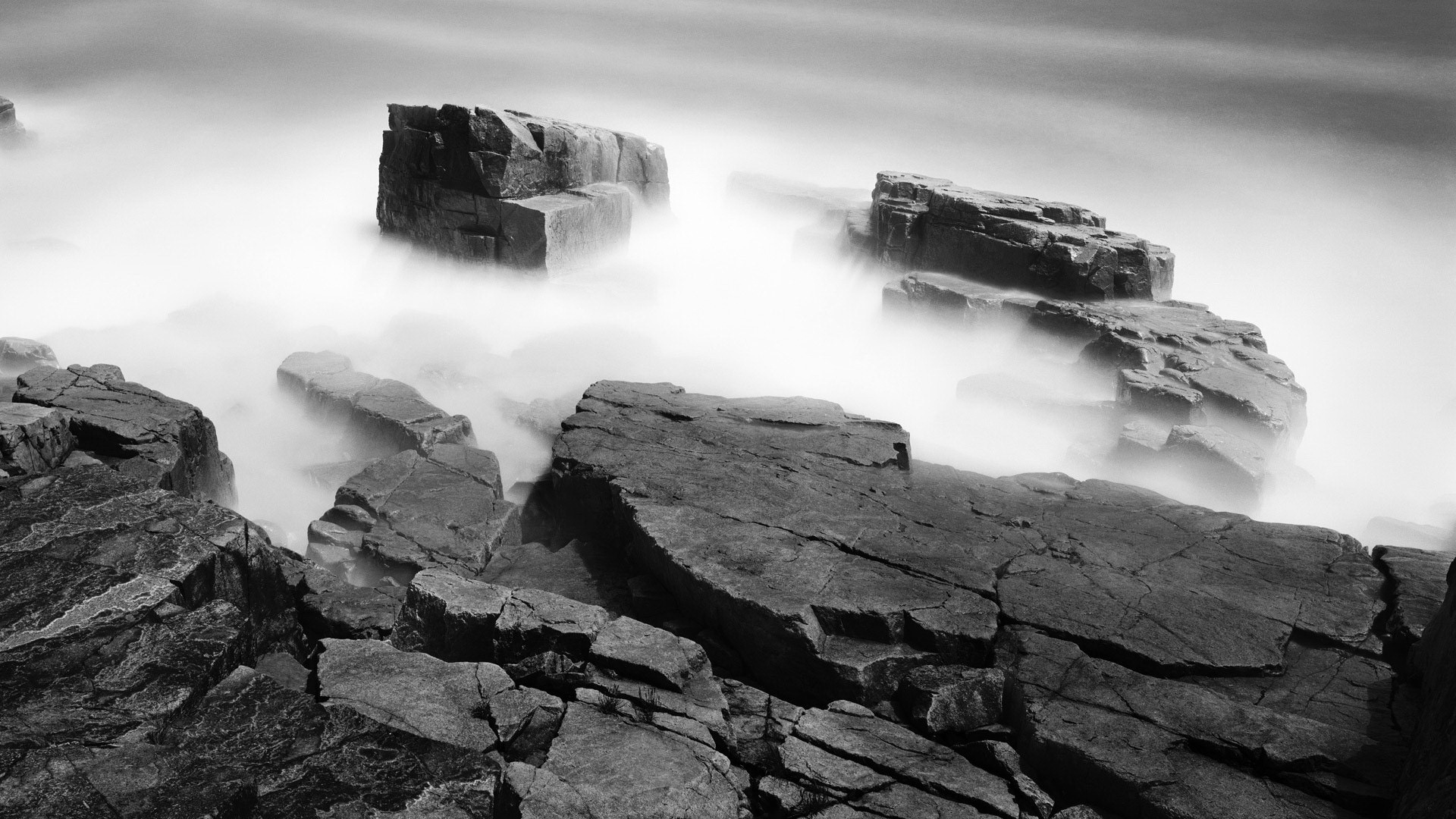 landscapes, rocks, fog, grayscale, monochrome - desktop wallpaper