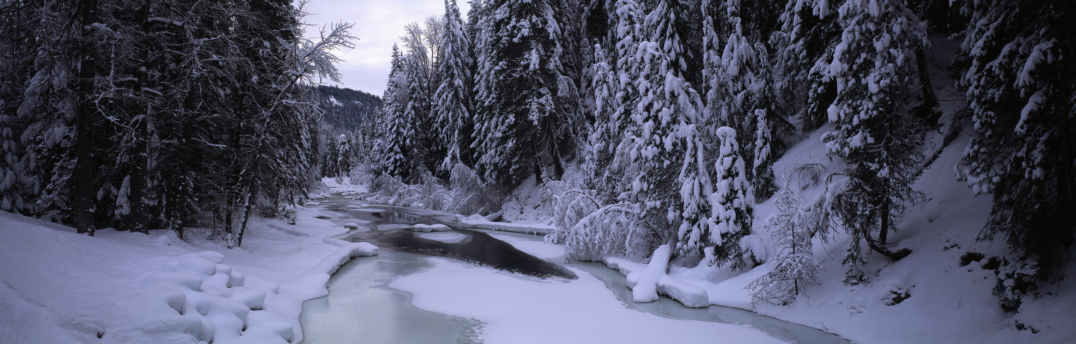 mountains, landscapes, nature, winter, snow, trees, forests, rivers, multiscreen - desktop wallpaper