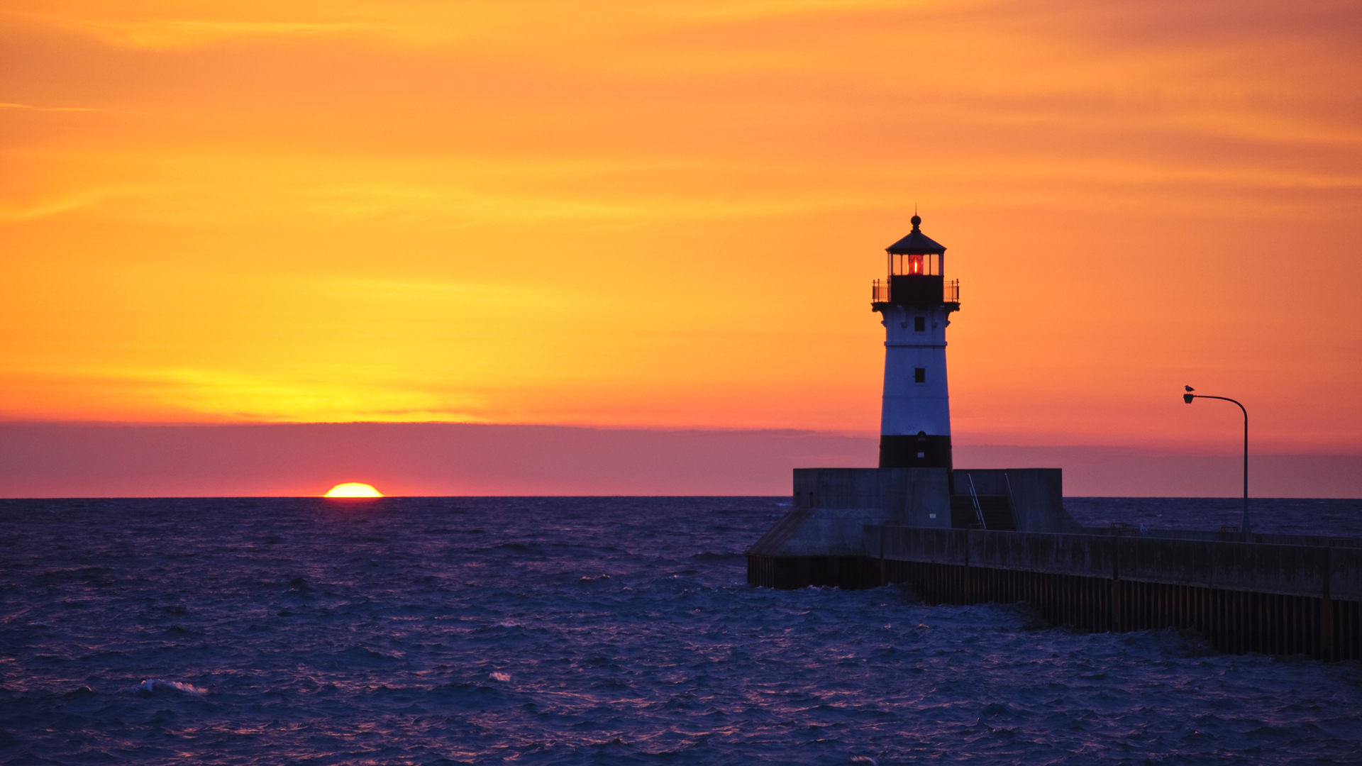 sunset, ocean, lighthouses - desktop wallpaper