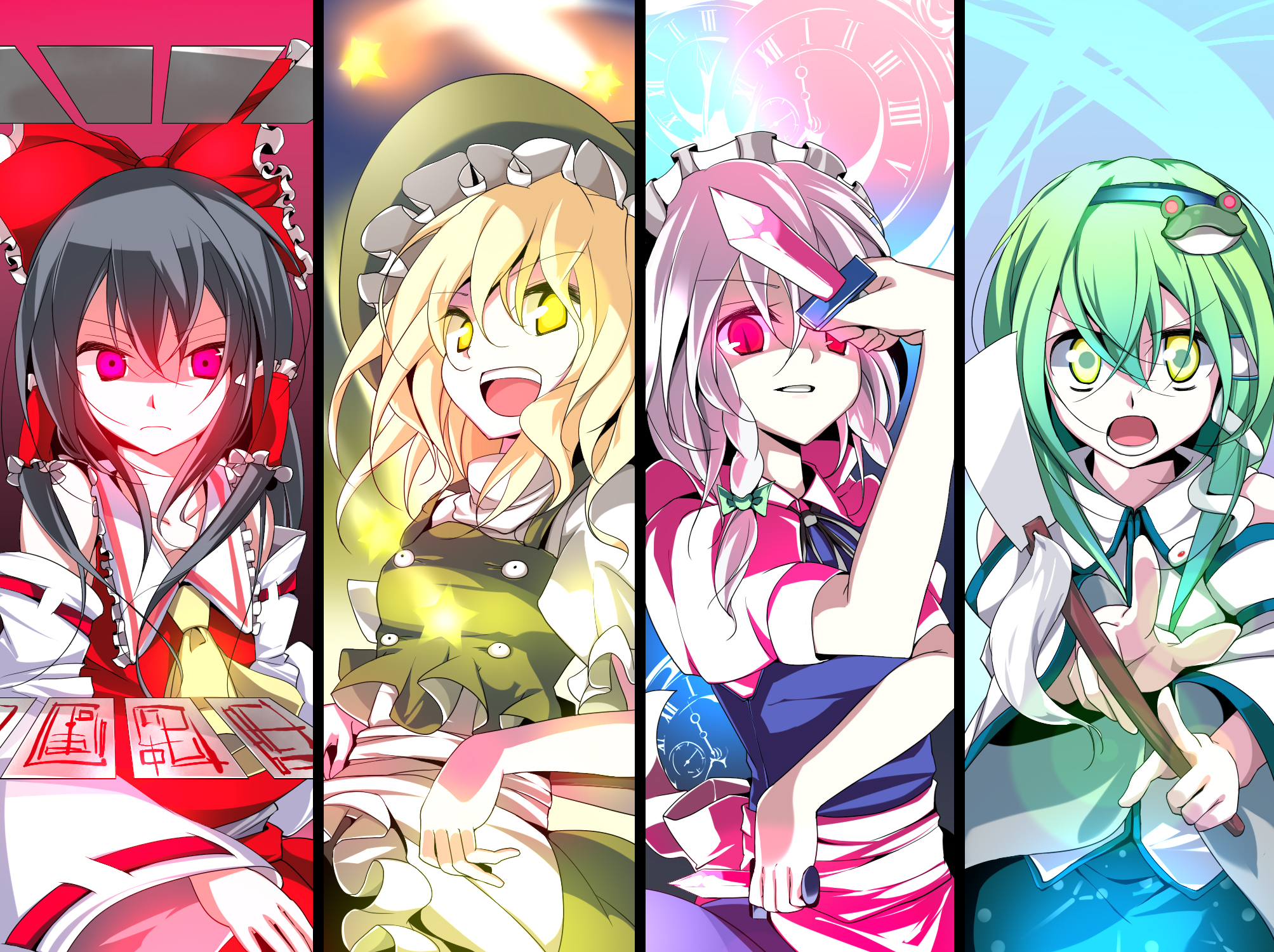 witch, Touhou, maids, Izayoi Sakuya, Miko, Kirisame Marisa, Hakurei Reimu, Kochiya Sanae, detached sleeves, Usotsukiya (Artist) - desktop wallpaper