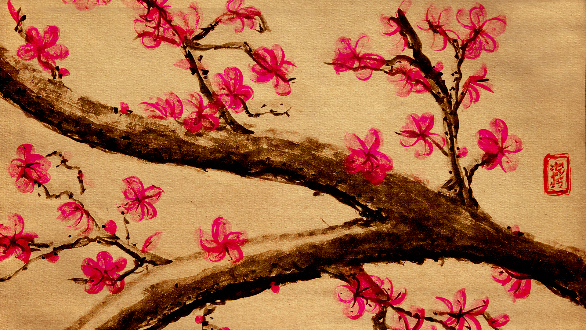 cherry blossoms, sumi-e - desktop wallpaper