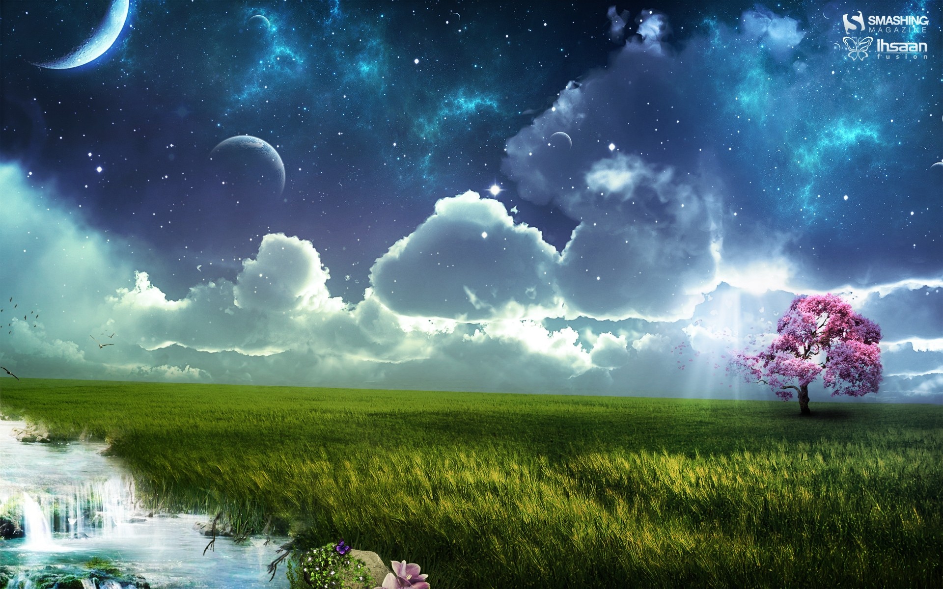 fantasy, clouds, trees, Moon, grass, skyscapes - desktop wallpaper