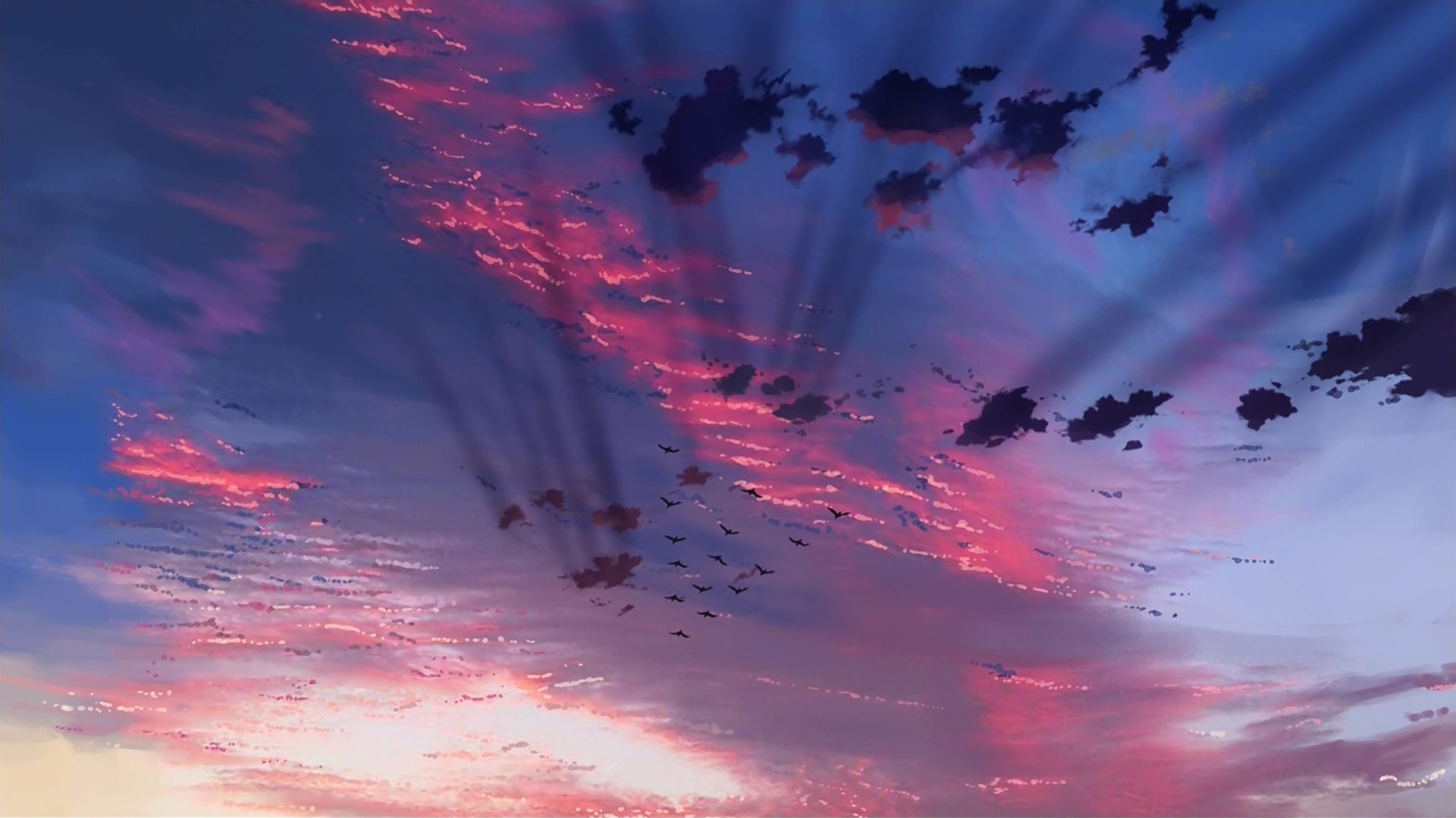 birds, illustrations, Makoto Shinkai, The Place Promised in Our Early Days, skyscapes, illuminated - desktop wallpaper