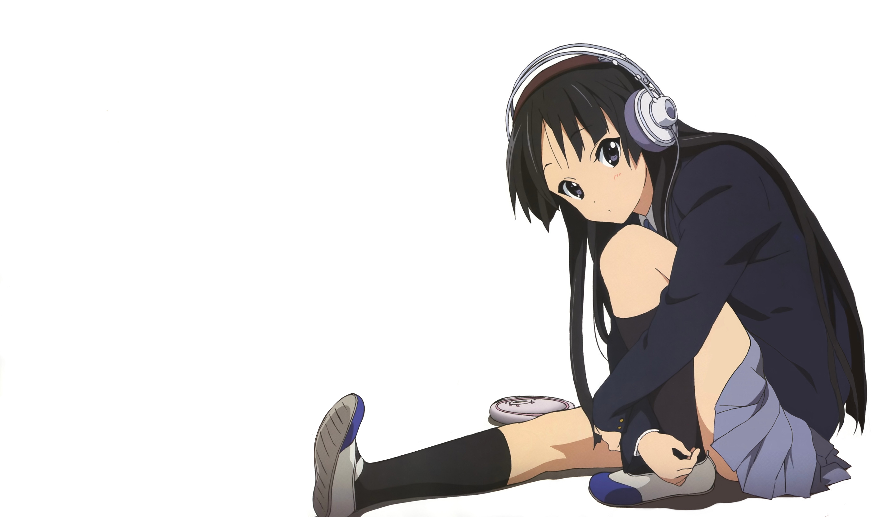 headphones, brunettes, music, K-ON!, school uniforms, Akiyama Mio, shorts, simple background - desktop wallpaper