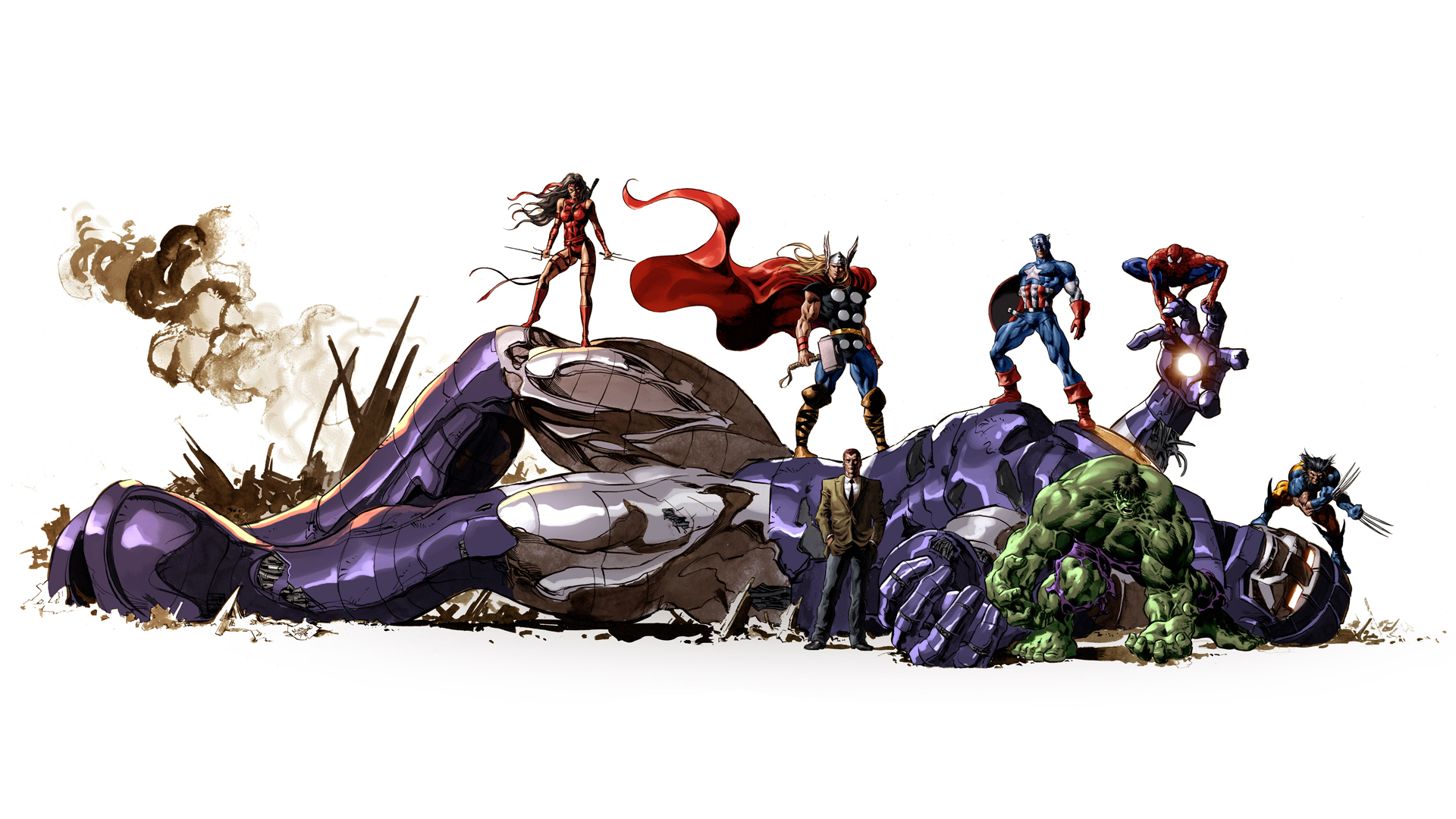 Hulk (comic character), comics, Thor, Spider-Man, Captain America, Wolverine, Elektra, sentinel, Marvel Comics, victory, white background - desktop wallpaper