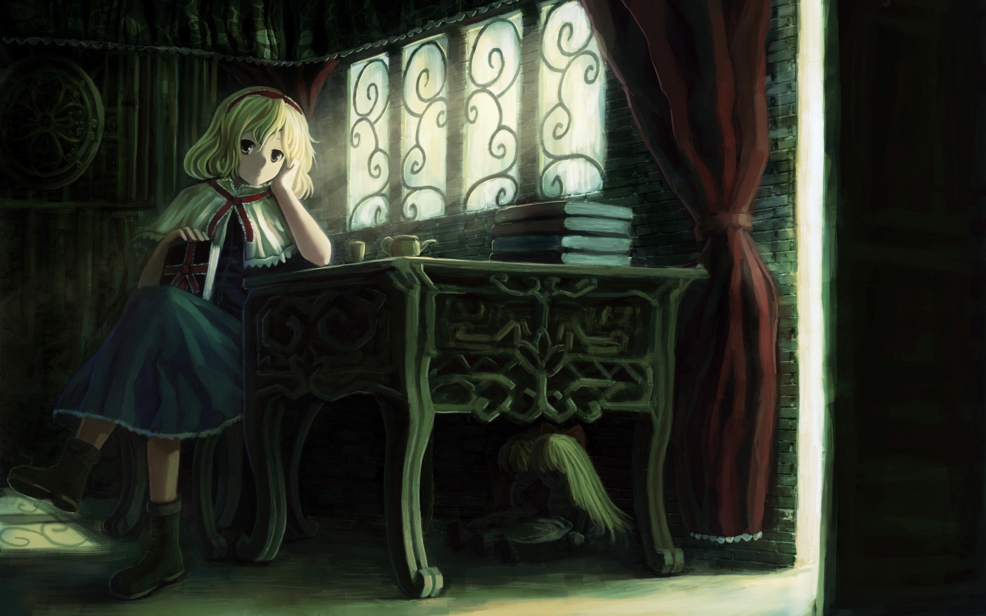 blondes, video games, Touhou, dress, indoors, room, long hair, ribbons, tables, books, short hair, yellow eyes, sunlight, chairs, sitting, curtains, dolls, window panes, Alice Margatroid, hair band, witches - desktop wallpaper