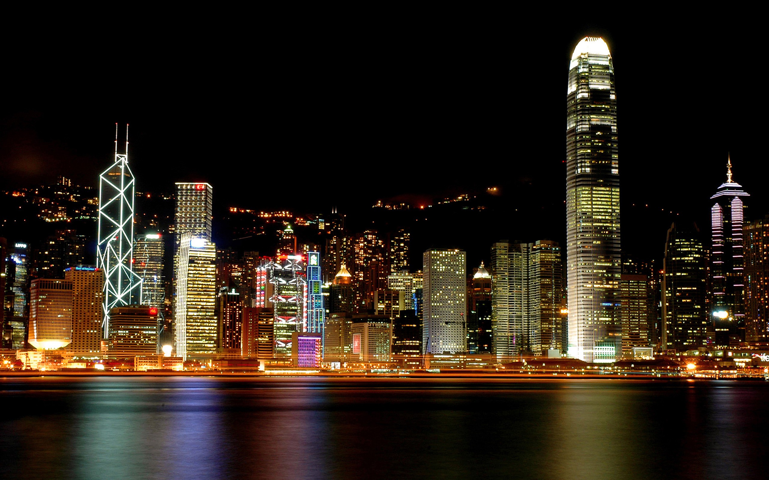 water, cityscapes, night, Hong Kong, skyscrapers, city lights, reflections, harbours, Victoria Harbour - desktop wallpaper