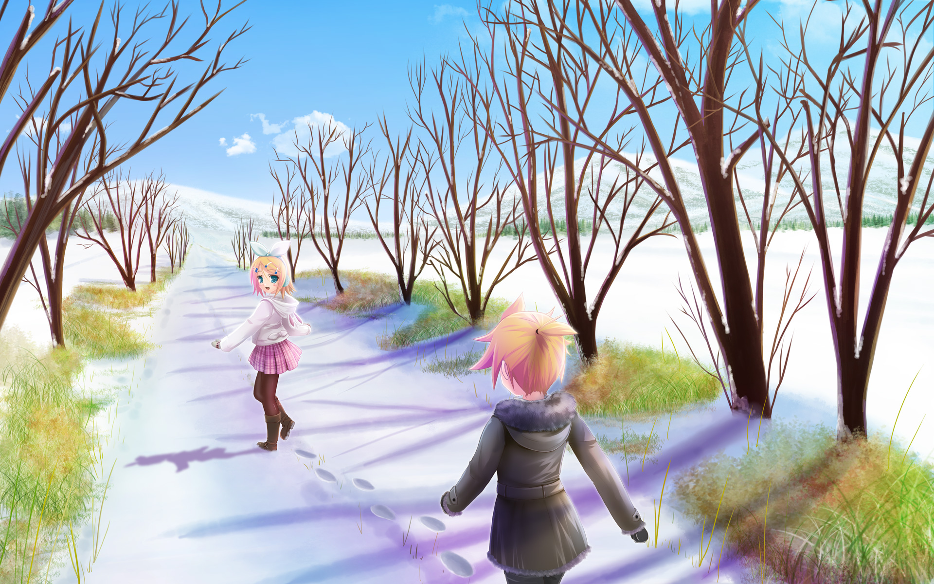 winter, snow, Vocaloid, twins, Kagamine Rin, Kagamine Len - desktop wallpaper
