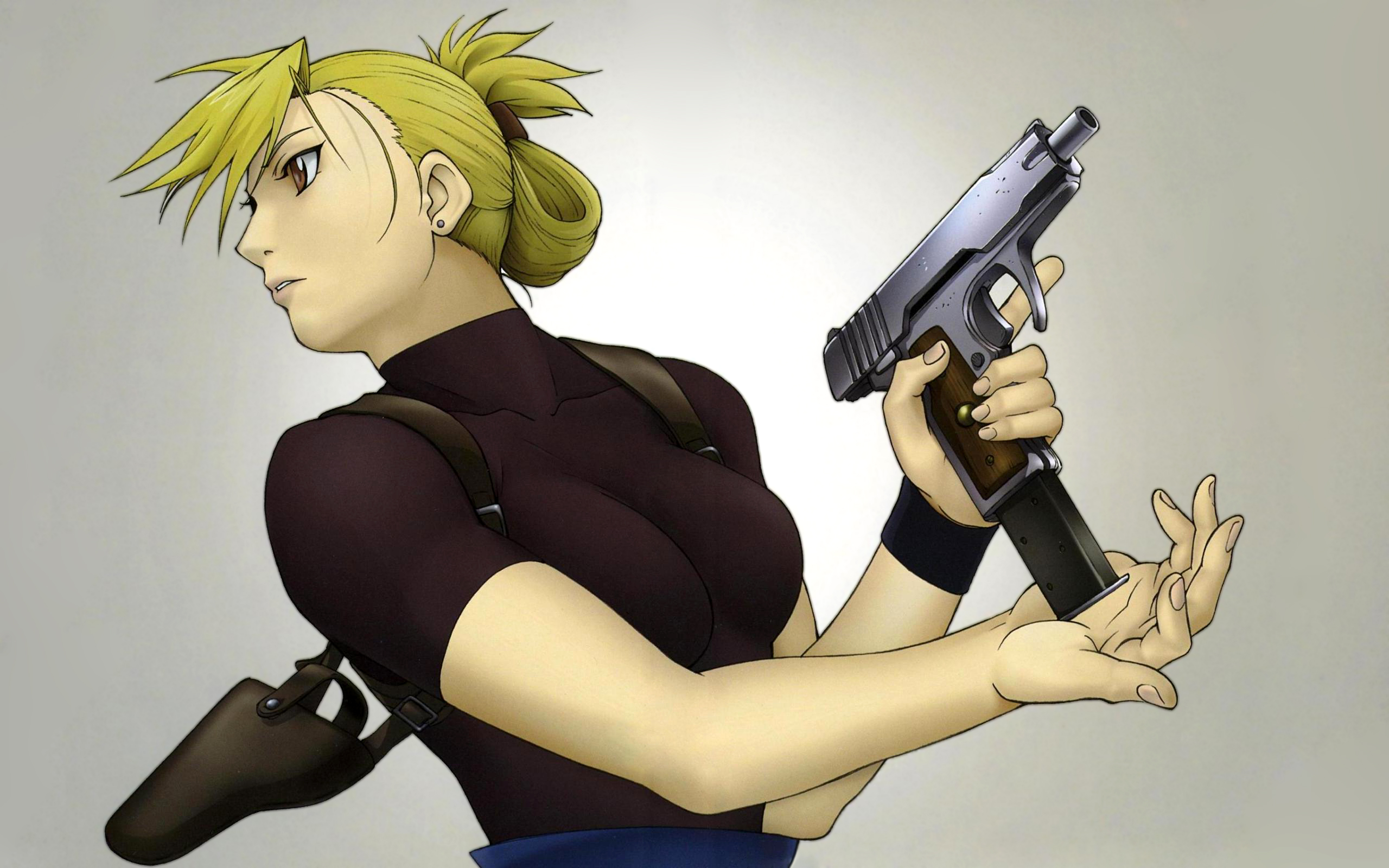 Fullmetal Alchemist, pistols, girls with guns, Riza Hawkeye, anime, simple background, anime girls - desktop wallpaper