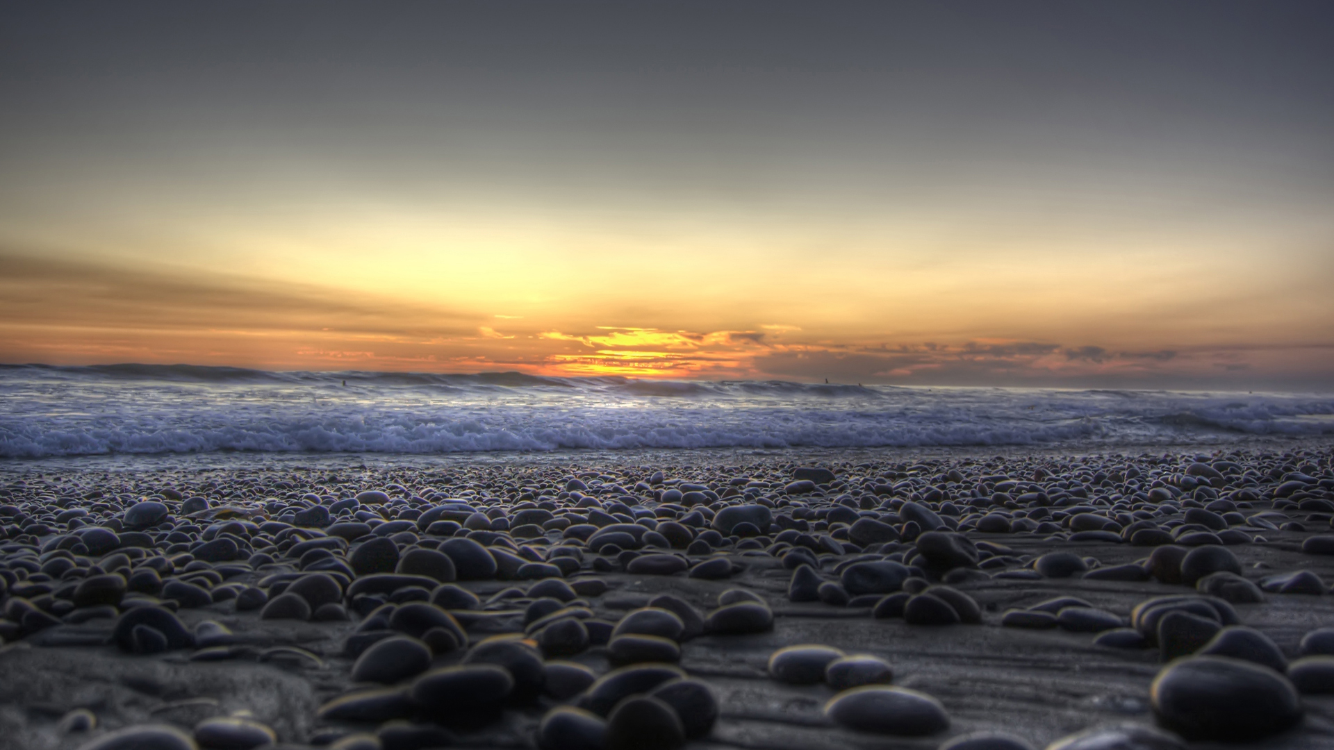 water, sunset, landscapes, nature, coast, waves, rocks, pebbles - desktop wallpaper