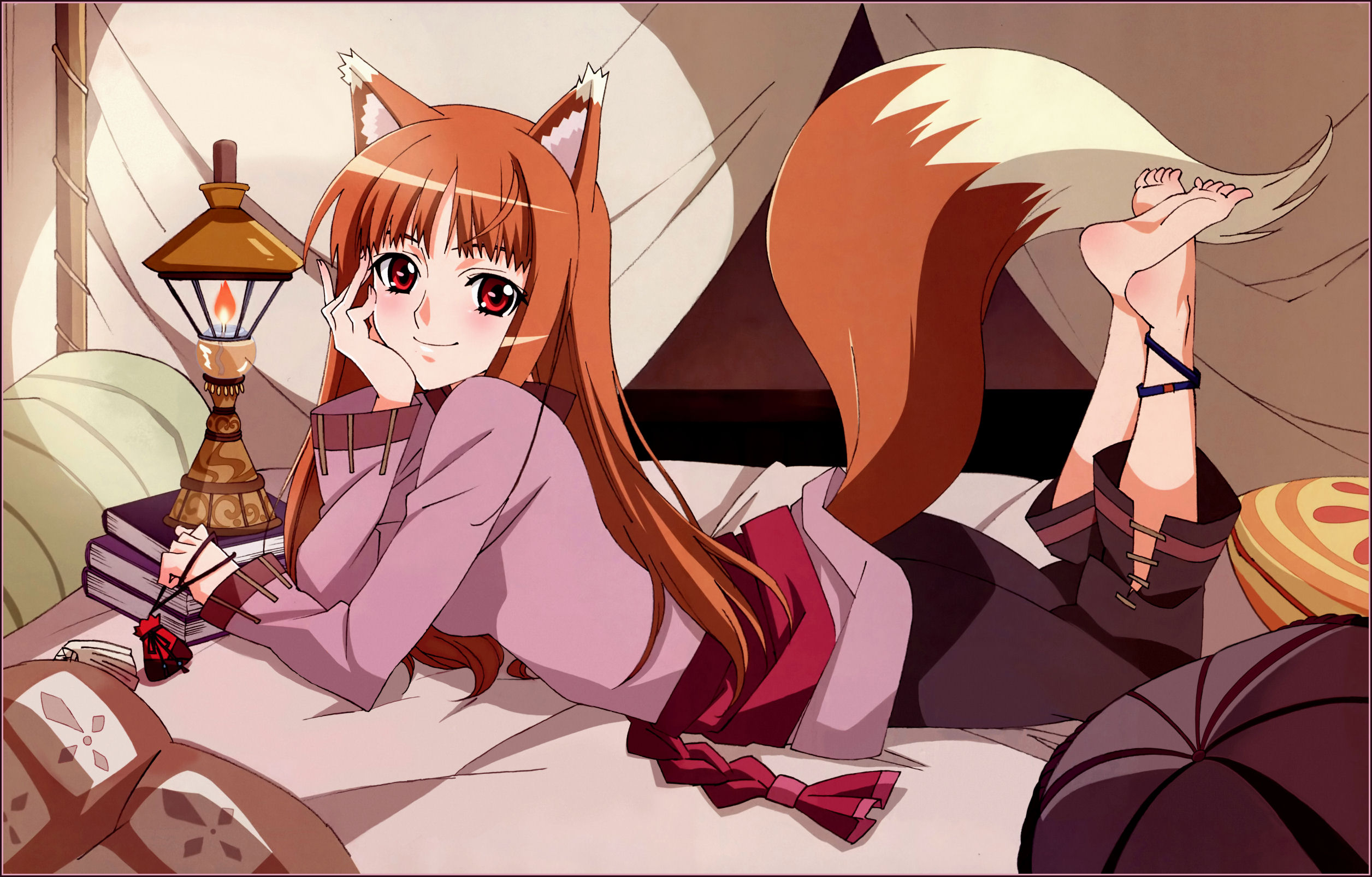 tails, Spice and Wolf, long hair, animal ears, red eyes, Holo The Wise Wolf, inumimi - desktop wallpaper