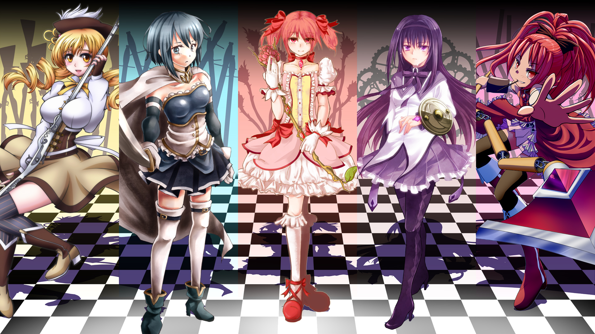 Mahou Shoujo Madoka Magica, Miki Sayaka, Sakura Kyouko, Tomoe Mami, Kaname Madoka, anime, Akemi Homura, anime girls - desktop wallpaper