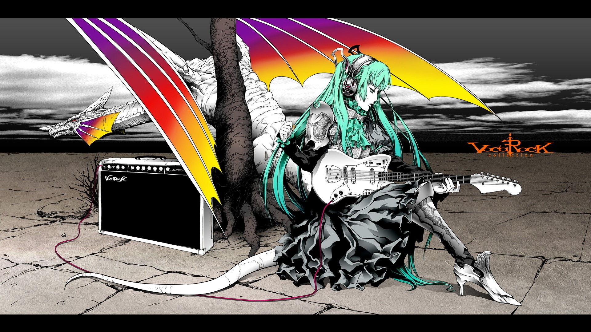 dragons, Vocaloid, Hatsune Miku, armor, guitars, drawn, anime girls - desktop wallpaper