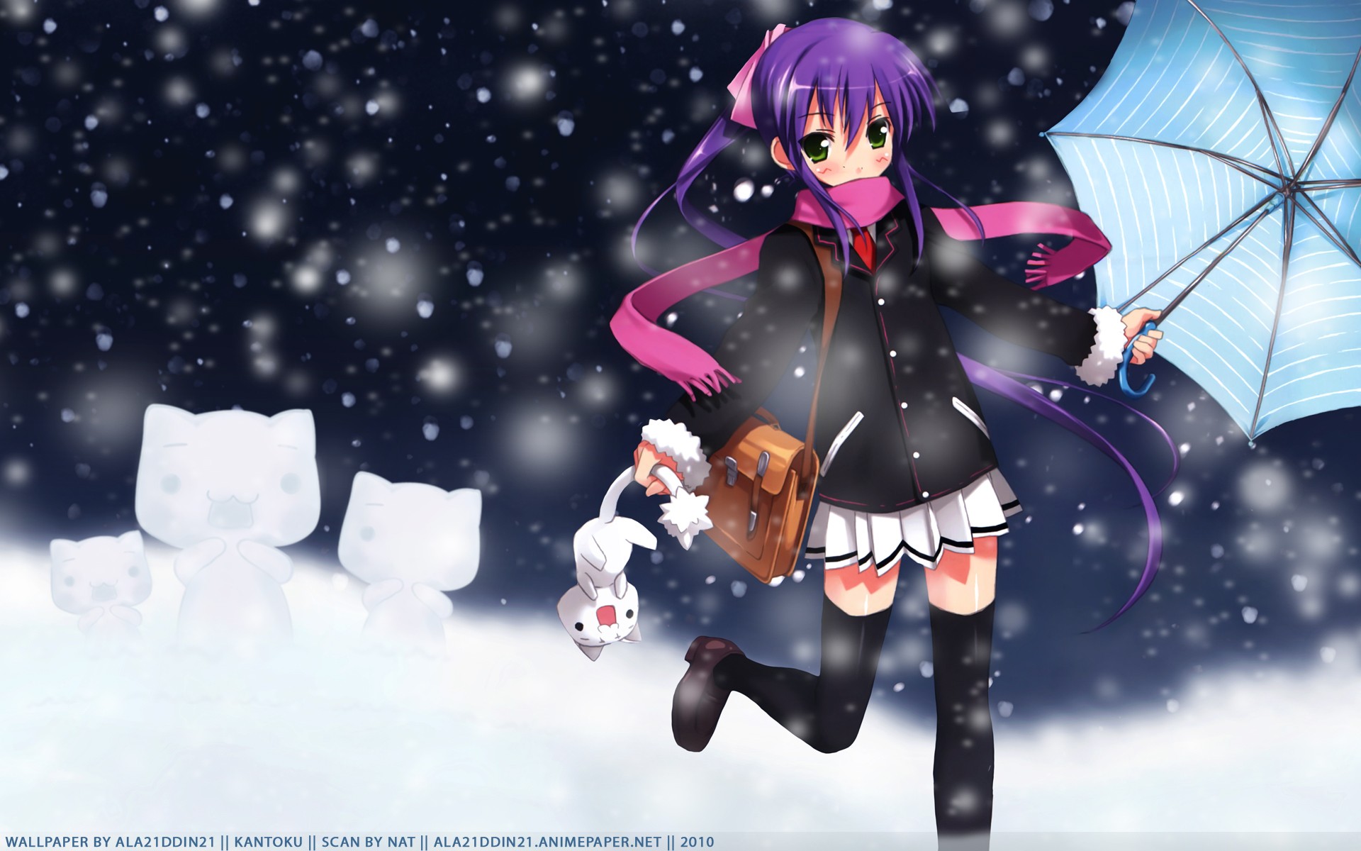 snow, cats, purple hair, anime, umbrellas, scarfs, Little Busters! - desktop wallpaper