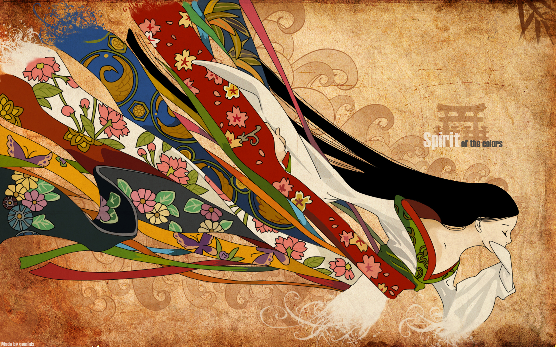 brunettes, abstract, multicolor, long hair, kimono, closed eyes, Japanese clothes - desktop wallpaper