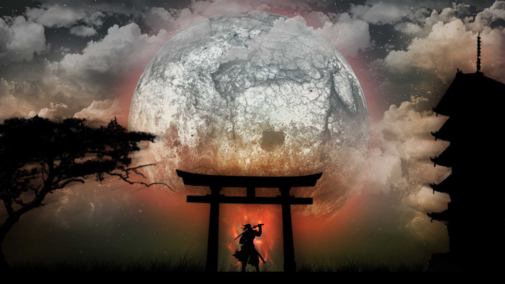 Japan, Moon, samurai, drawings - desktop wallpaper