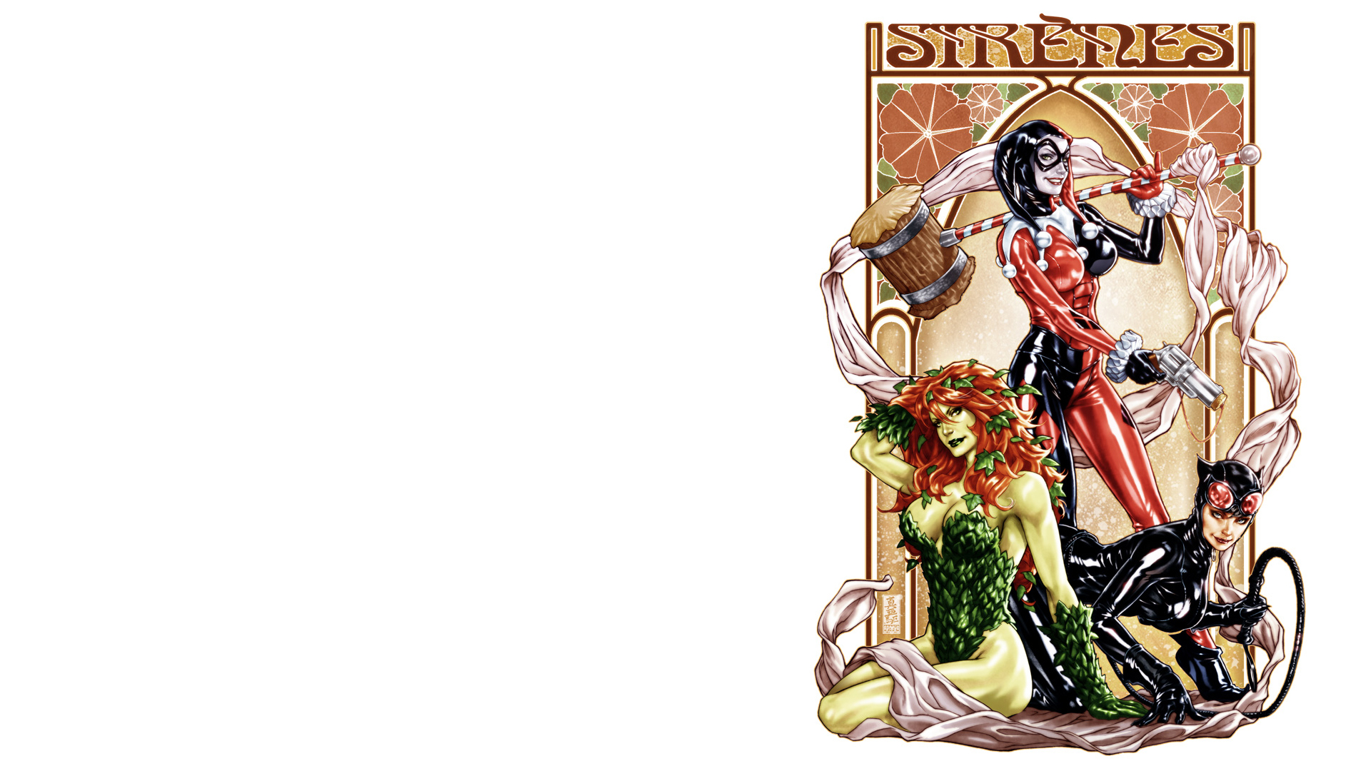 Harley Quinn, Catwoman, Poison Ivy, Art Nouveau, stained glass - desktop wallpaper