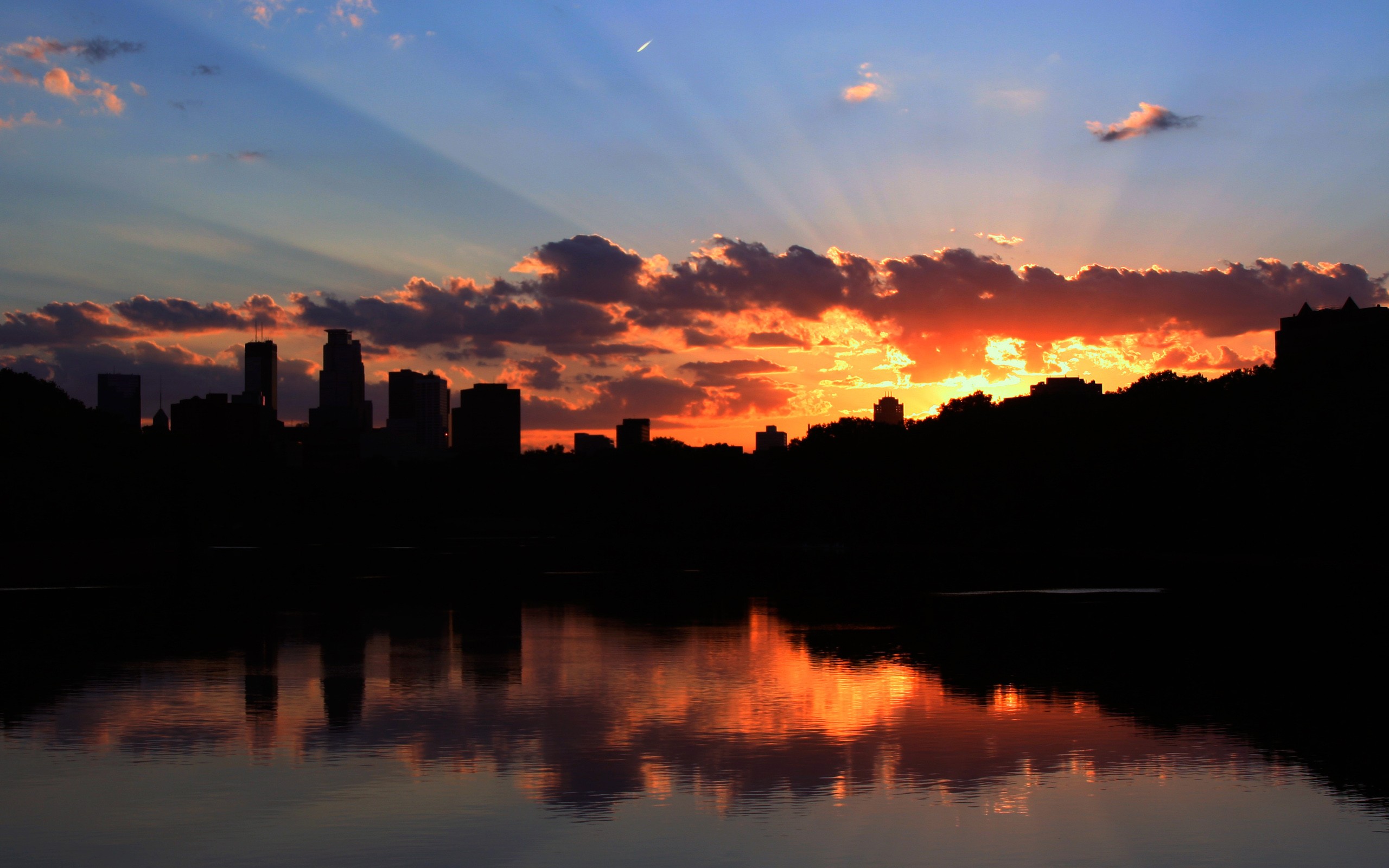 sunset, cityscapes, architecture, silhouettes, rivers, Minneapolis - desktop wallpaper