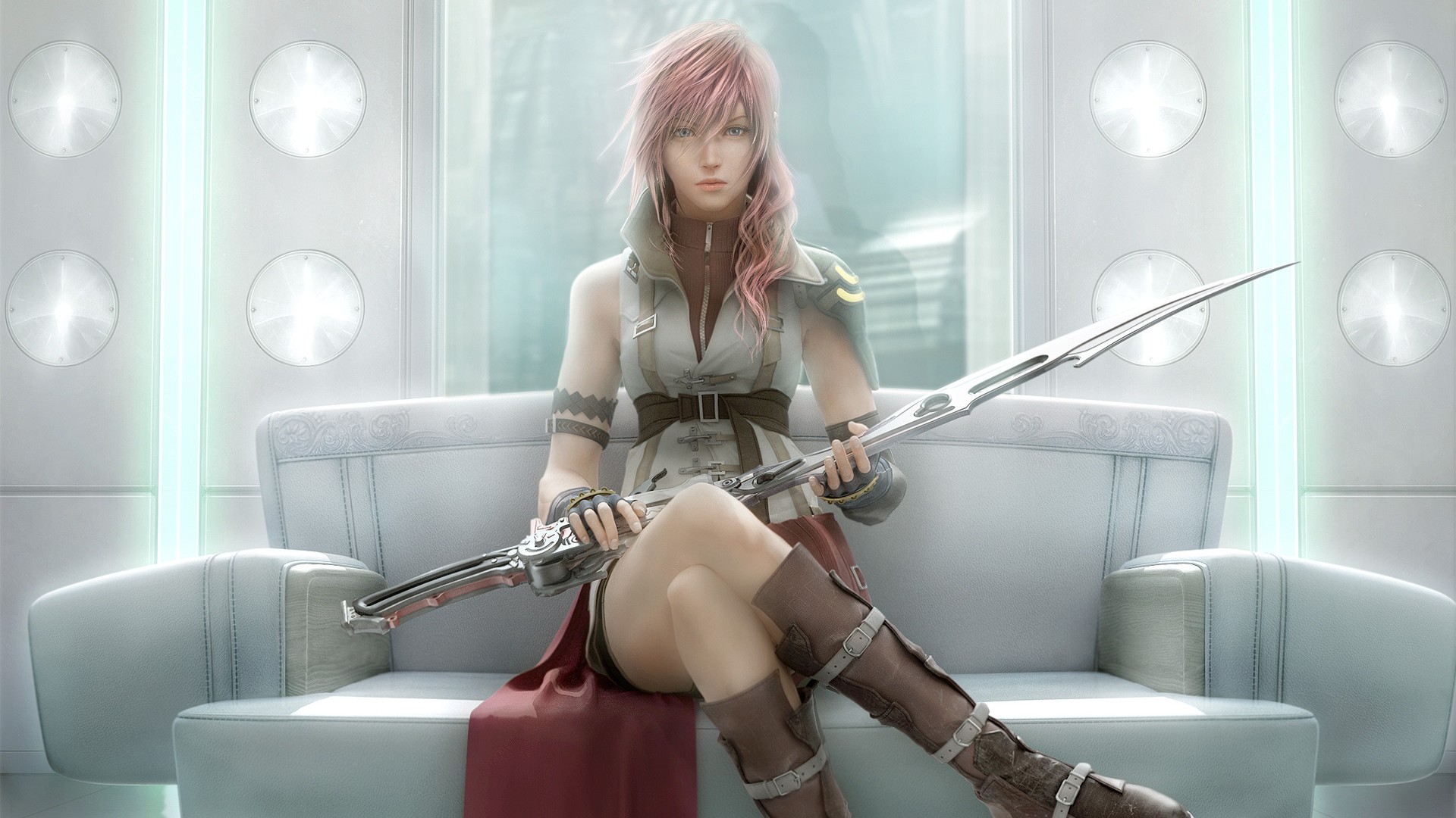boots, Final Fantasy, video games, uniforms, gloves, indoors, Final Fantasy XIII, Claire Farron, 3D, swords, leather boots, girls with weapons - desktop wallpaper