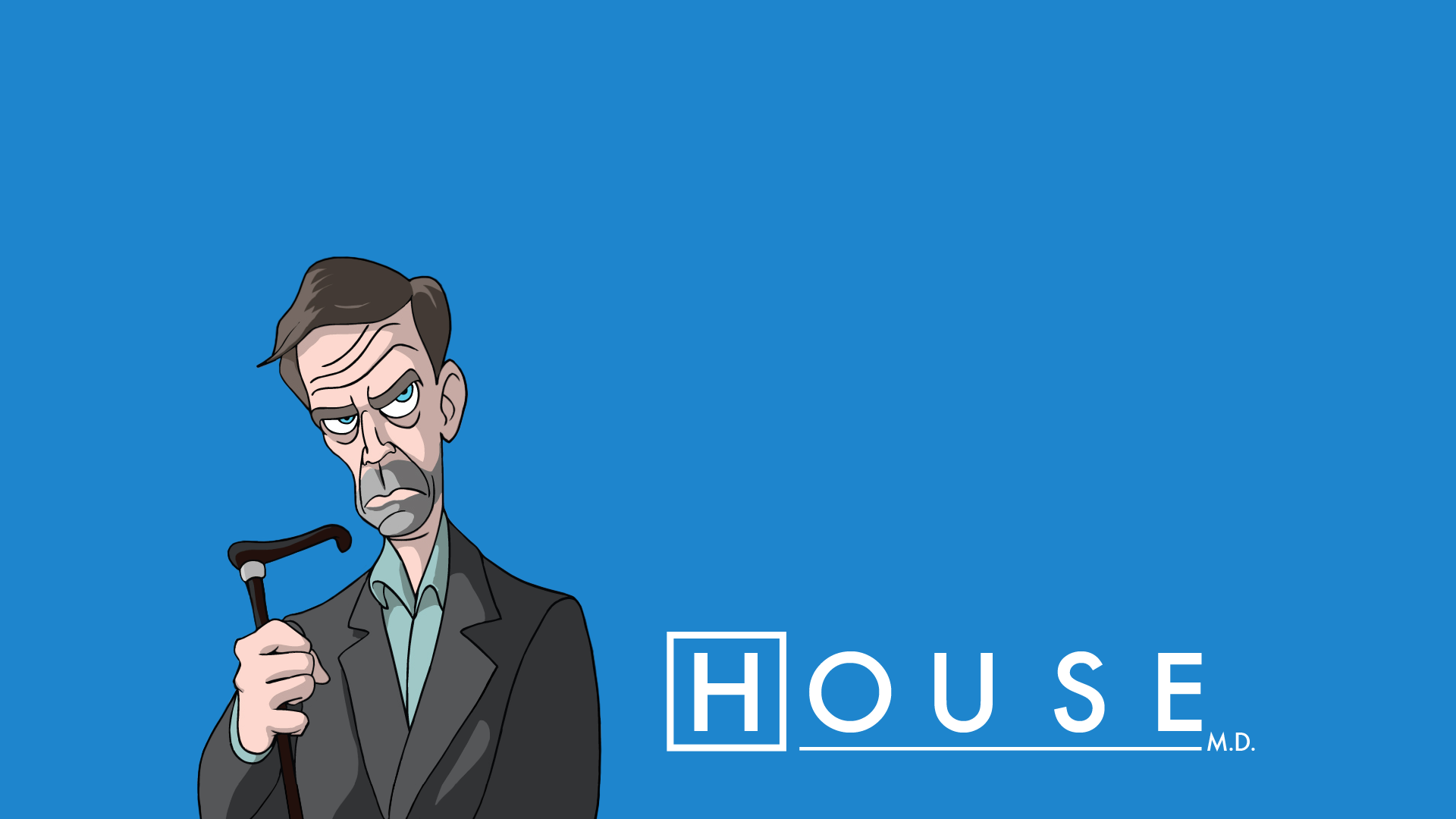 caricature, Gregory House, House M.D., blue background - desktop wallpaper
