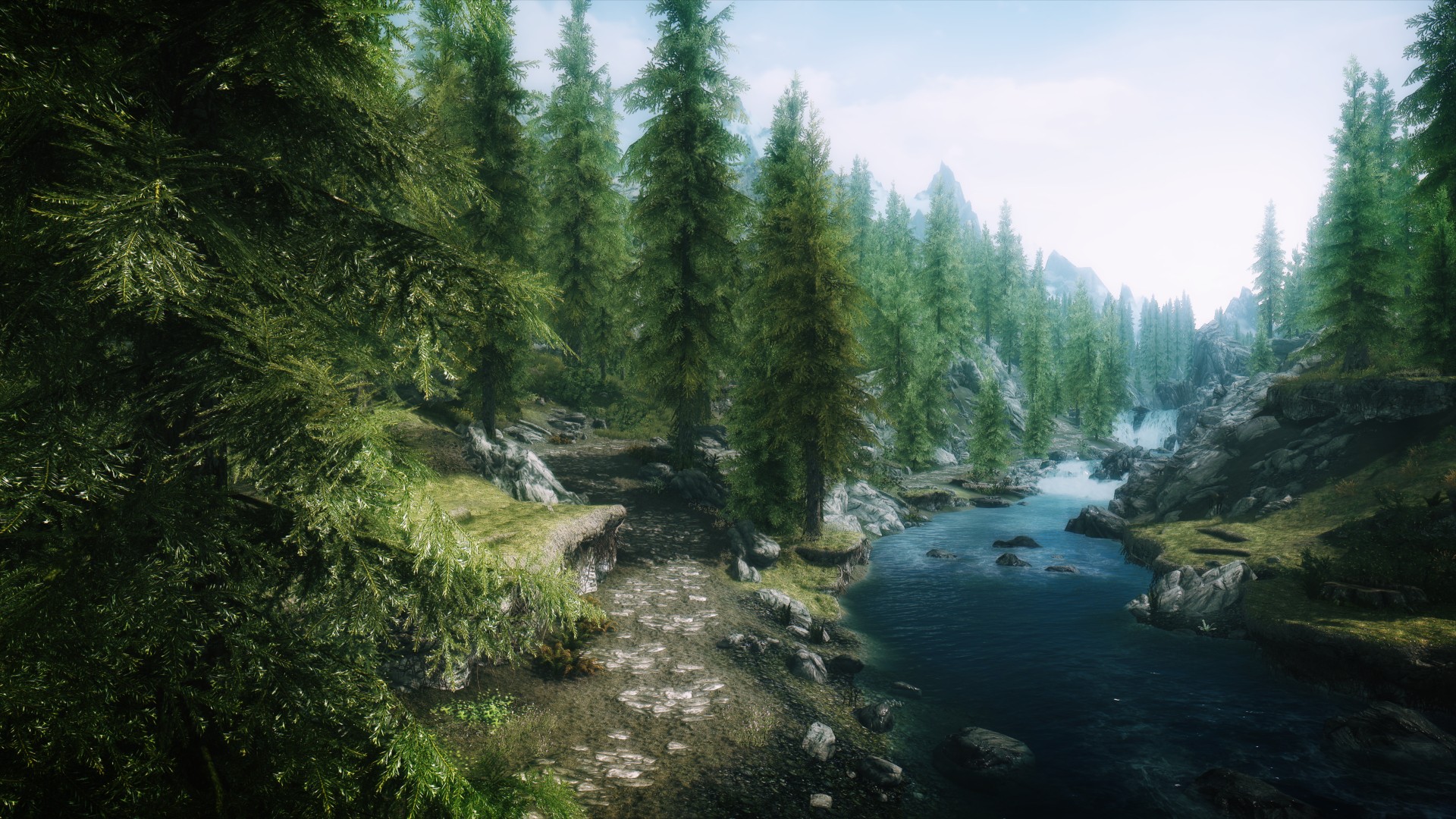 video games, landscapes, forests, rivers, The Elder Scrolls V: Skyrim - desktop wallpaper