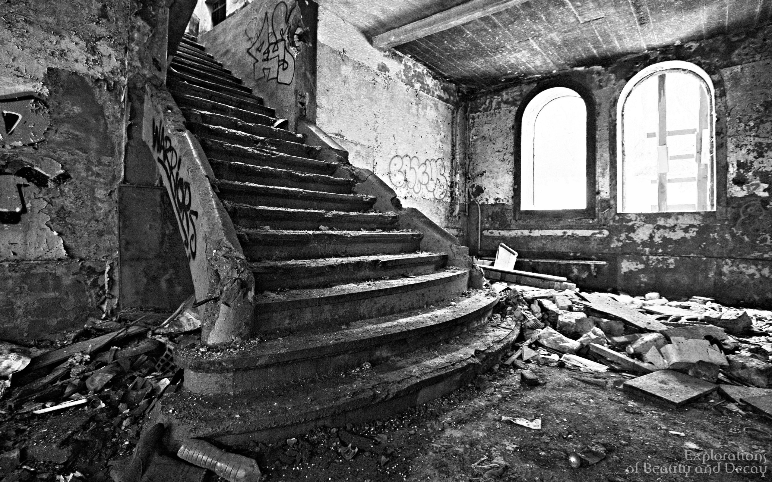 ruins, decay, stairways, grayscale, monochrome, old buildings - desktop wallpaper