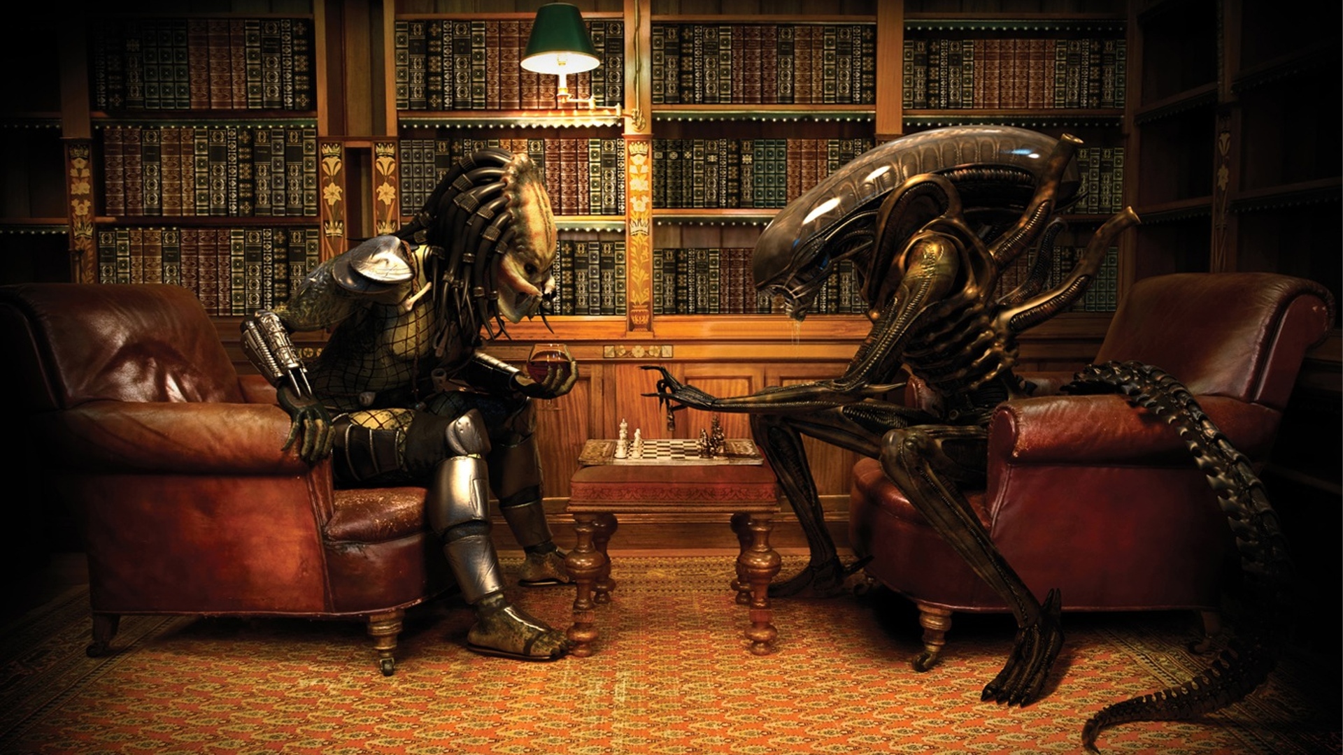predator, chess, library, books, predators, bookshelf, Alien, Aliens, Aliens vs Predator game - desktop wallpaper