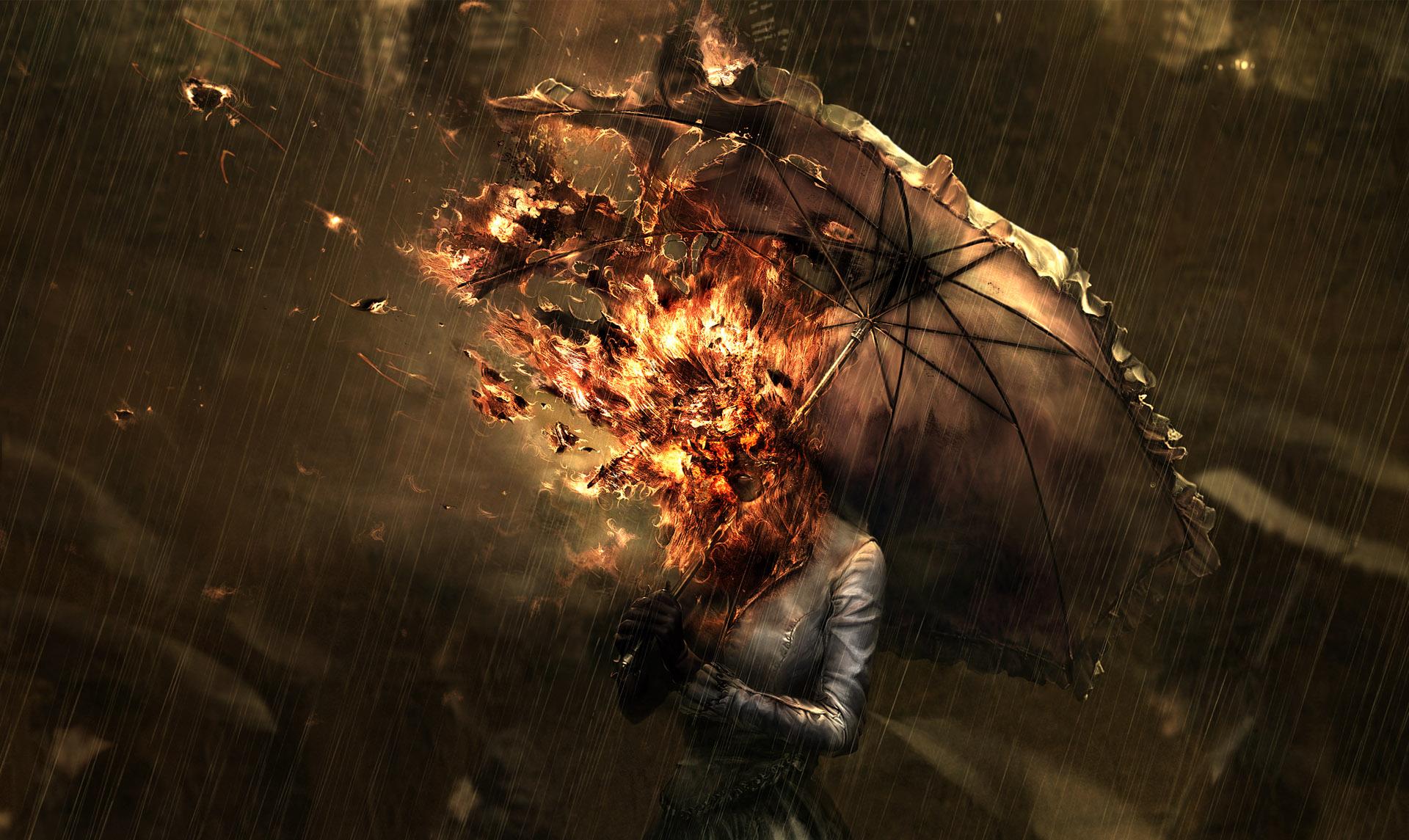 women, rain, fire, umbrellas - desktop wallpaper