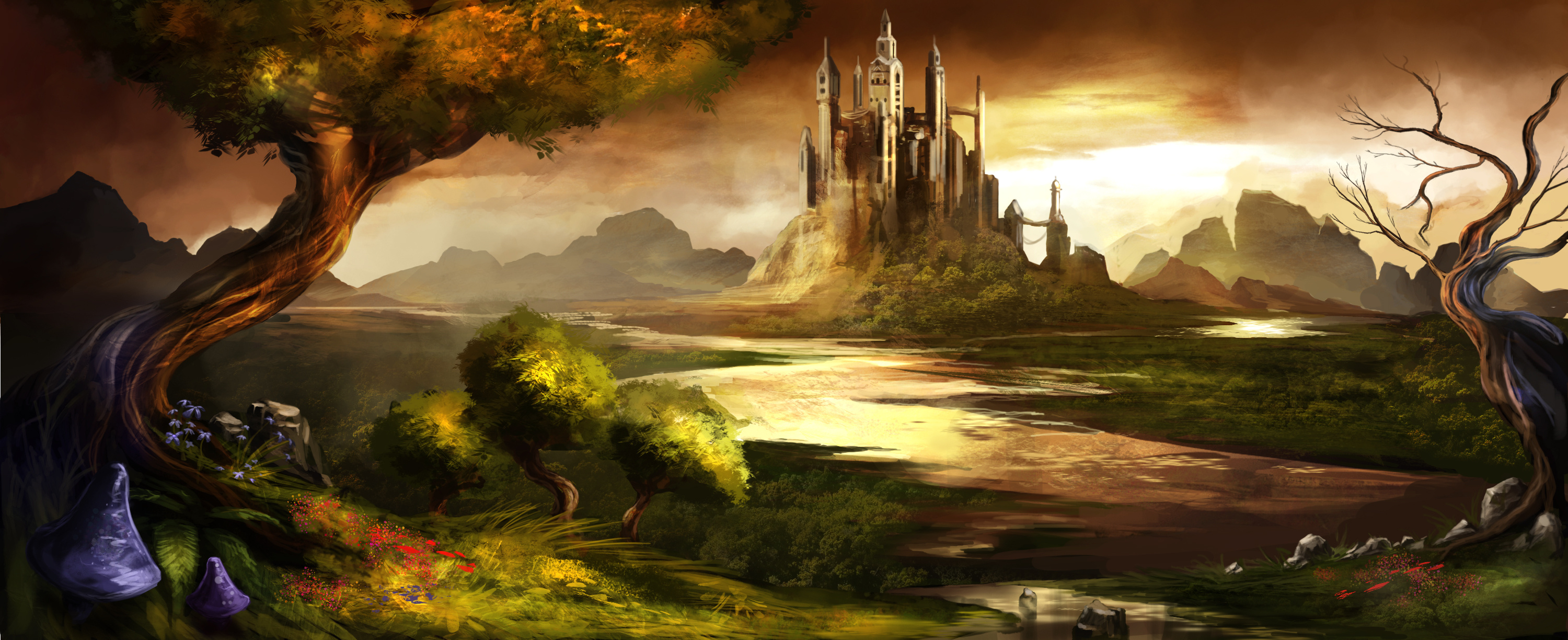 landscapes, castles, trees, Trine, rivers, skyscapes - desktop wallpaper