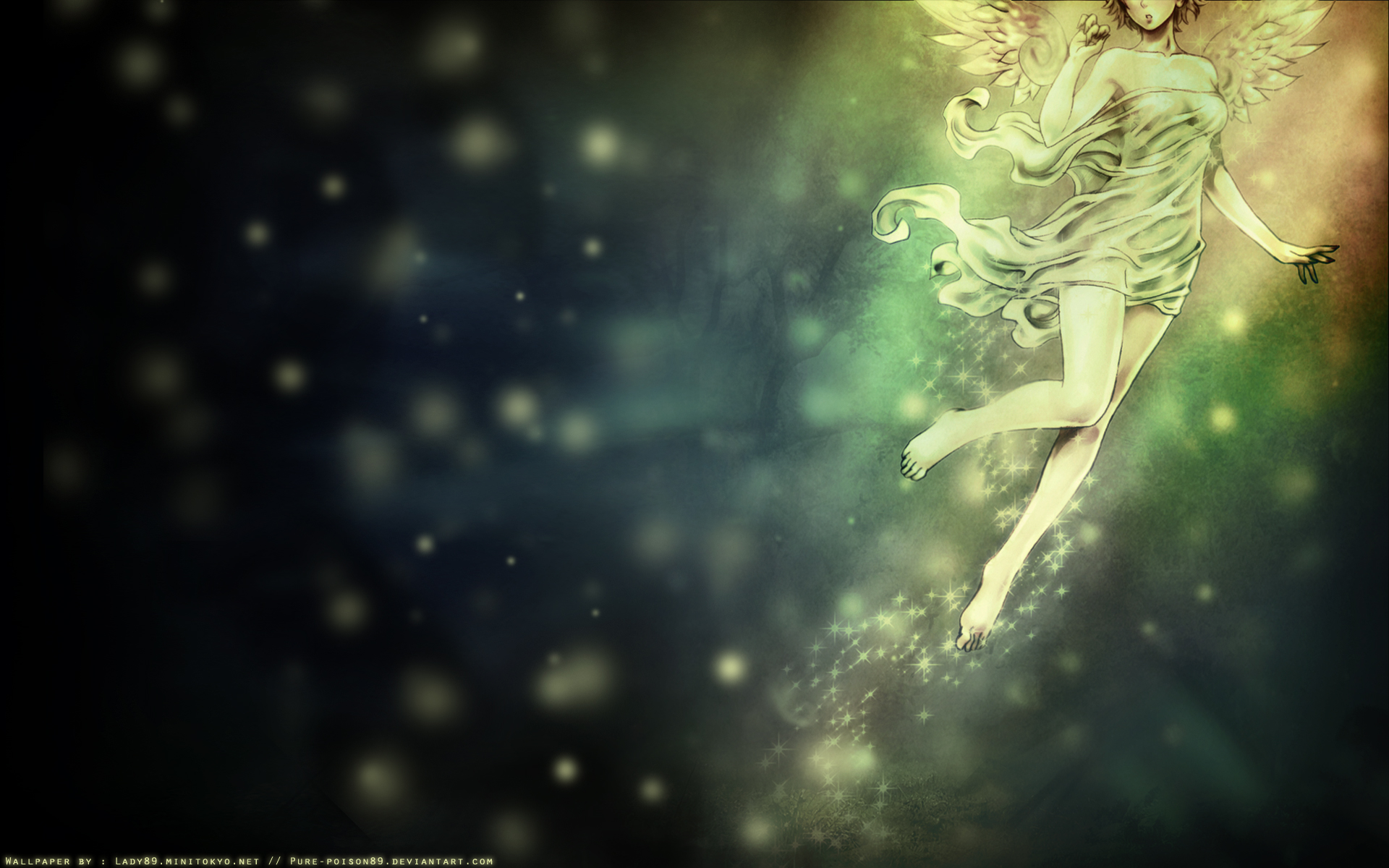 wings, fairies, barefoot, fantasy art, bokeh, green dress - desktop wallpaper