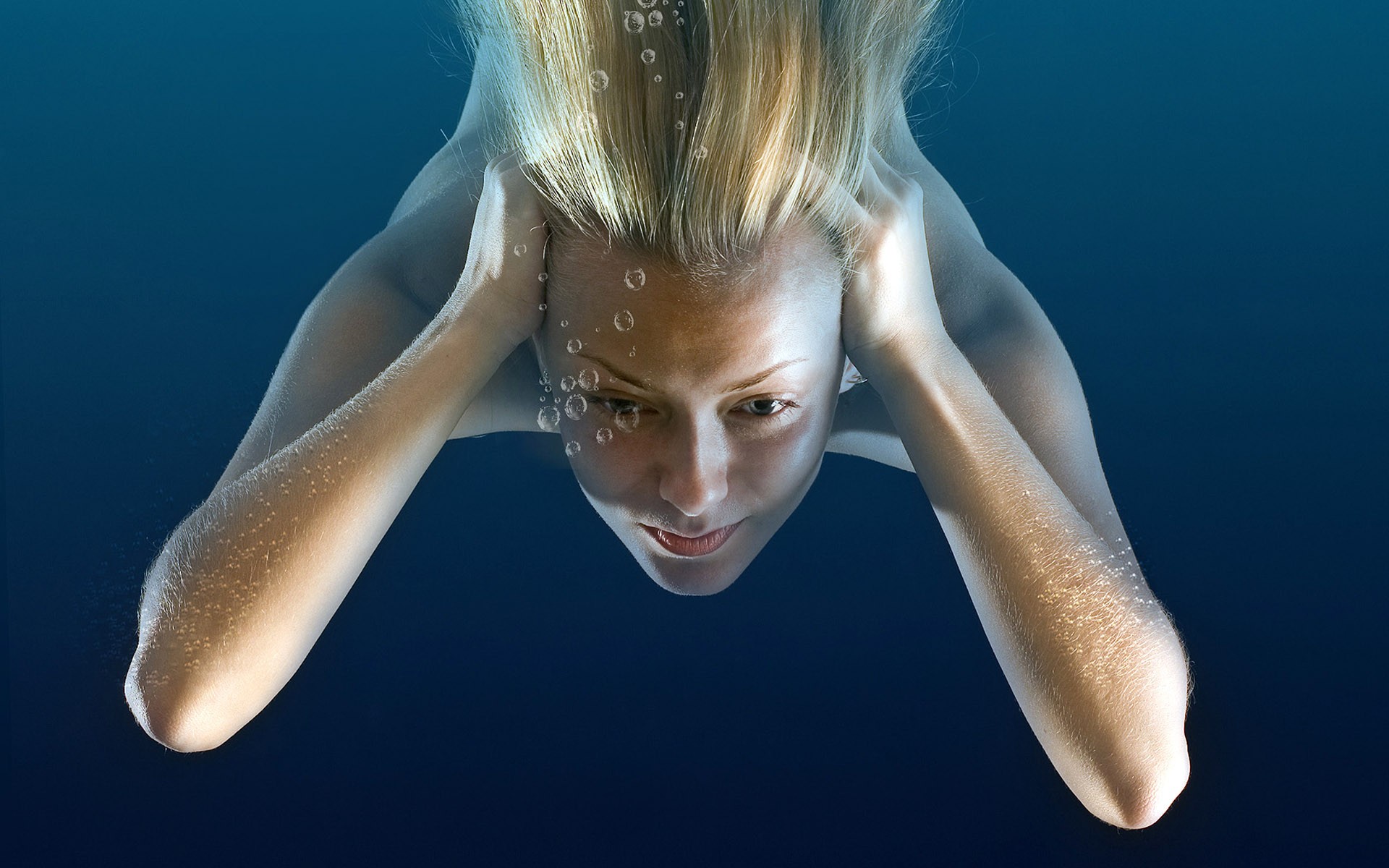 women, blue, bubbles, underwater - desktop wallpaper