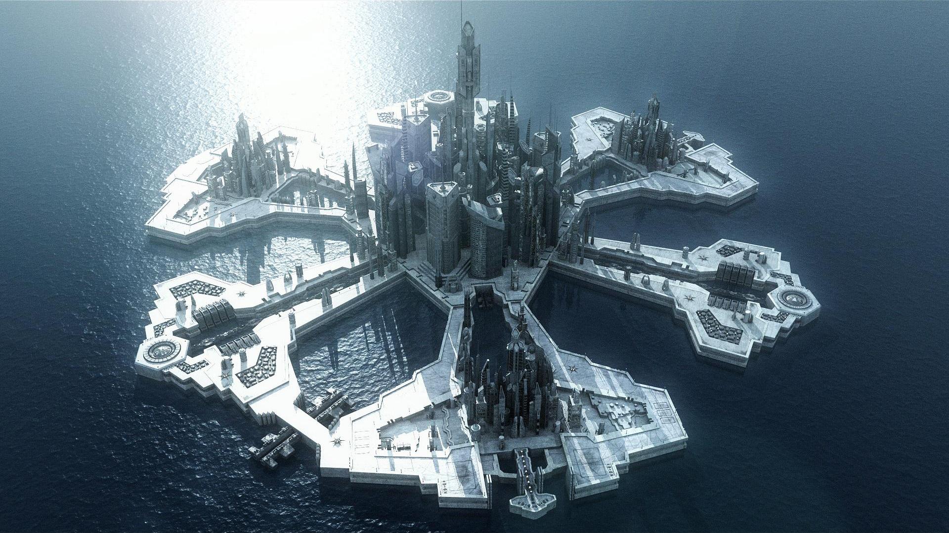 ocean, futuristic, Stargate Atlantis, Stargate, buildings, islands, science fiction, TV shows - desktop wallpaper