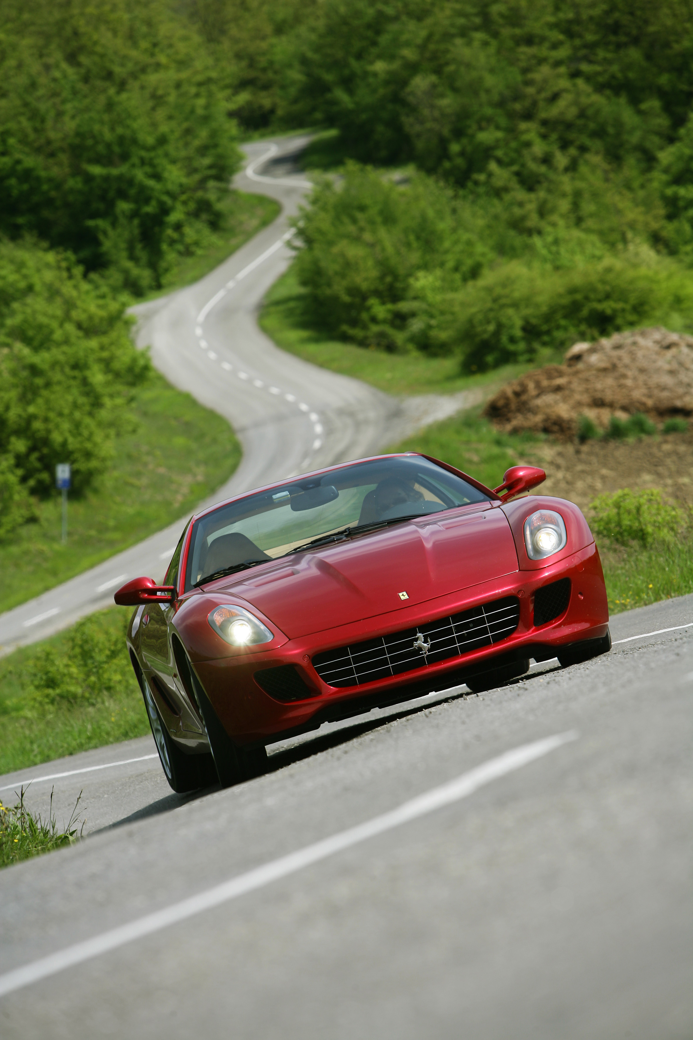 red, forests, cars, Ferrari, roads, vehicles, Ferrari 599, Ferrari 599 GTB Fiorano, front view - desktop wallpaper